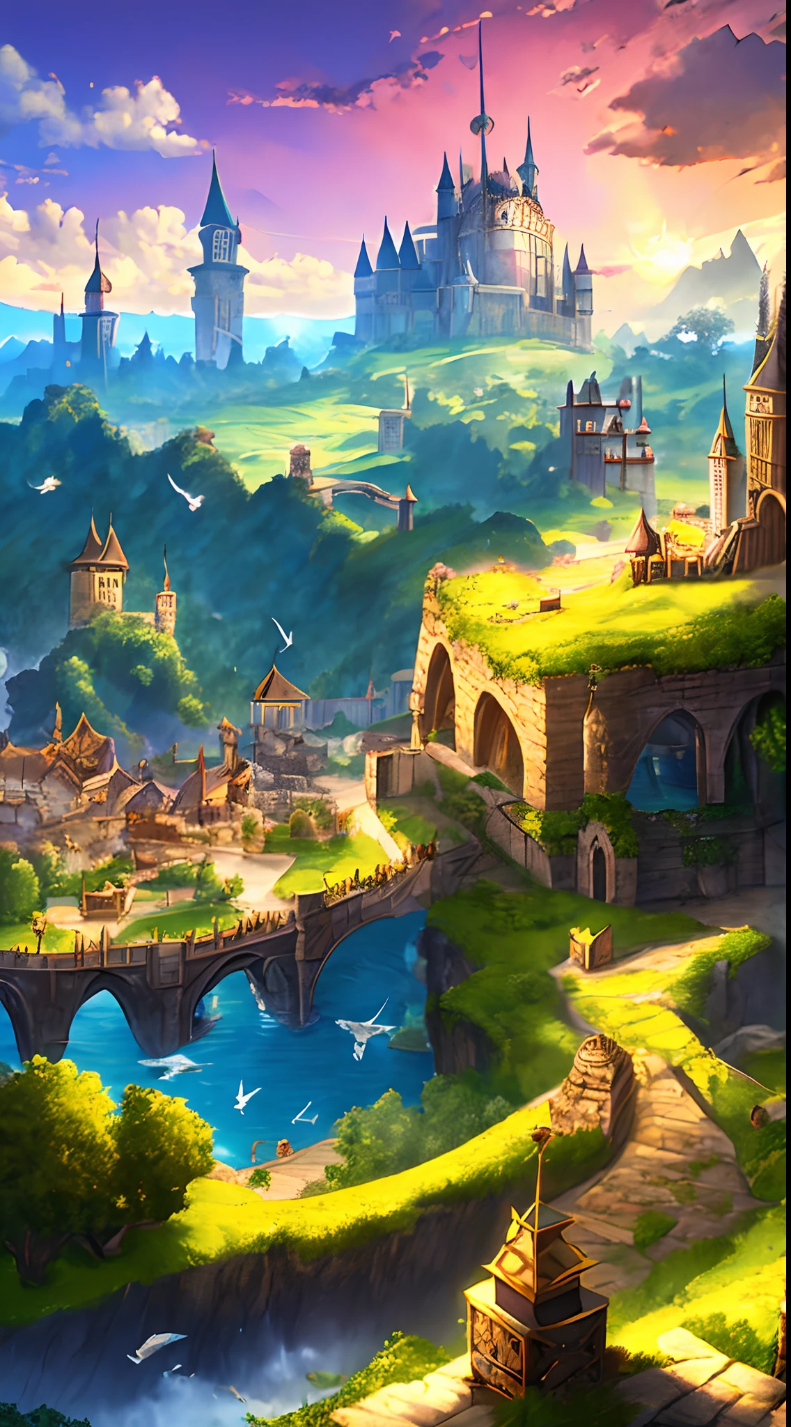 medieval kingdom. sunny morning. 8k resolution. ratio 3:2. very high drawing skills. bird's eye viewpoint. very stunning view. amazing light effects. thick medieval fantasy illustrations. very large area.