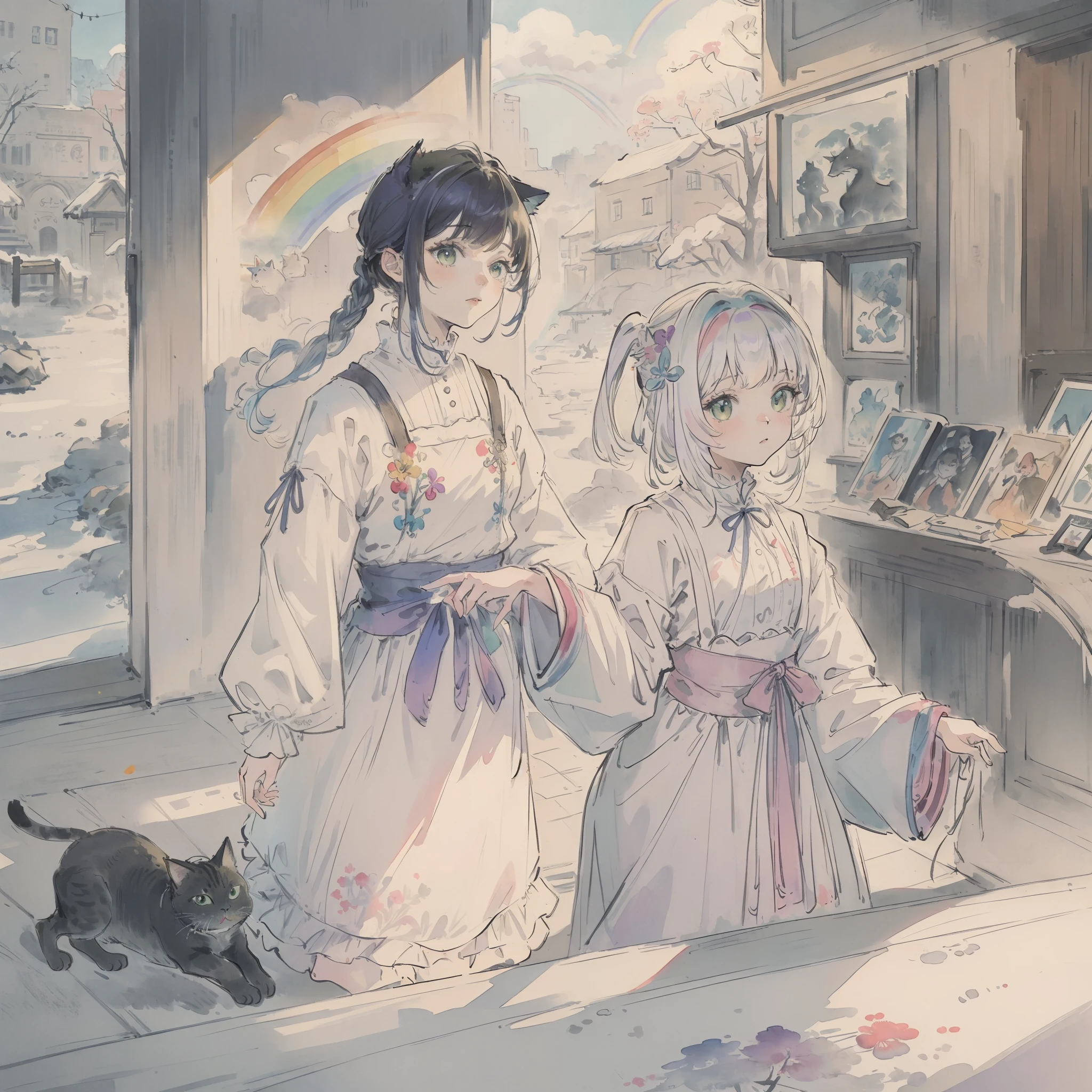 ((Best quality1.2))、((Masterpiece 1.2))、watercolor paiting、((Fashionable clothes))、((Take a cute cat 1.5))、white colors((rainbow-colored hair))、bookstore