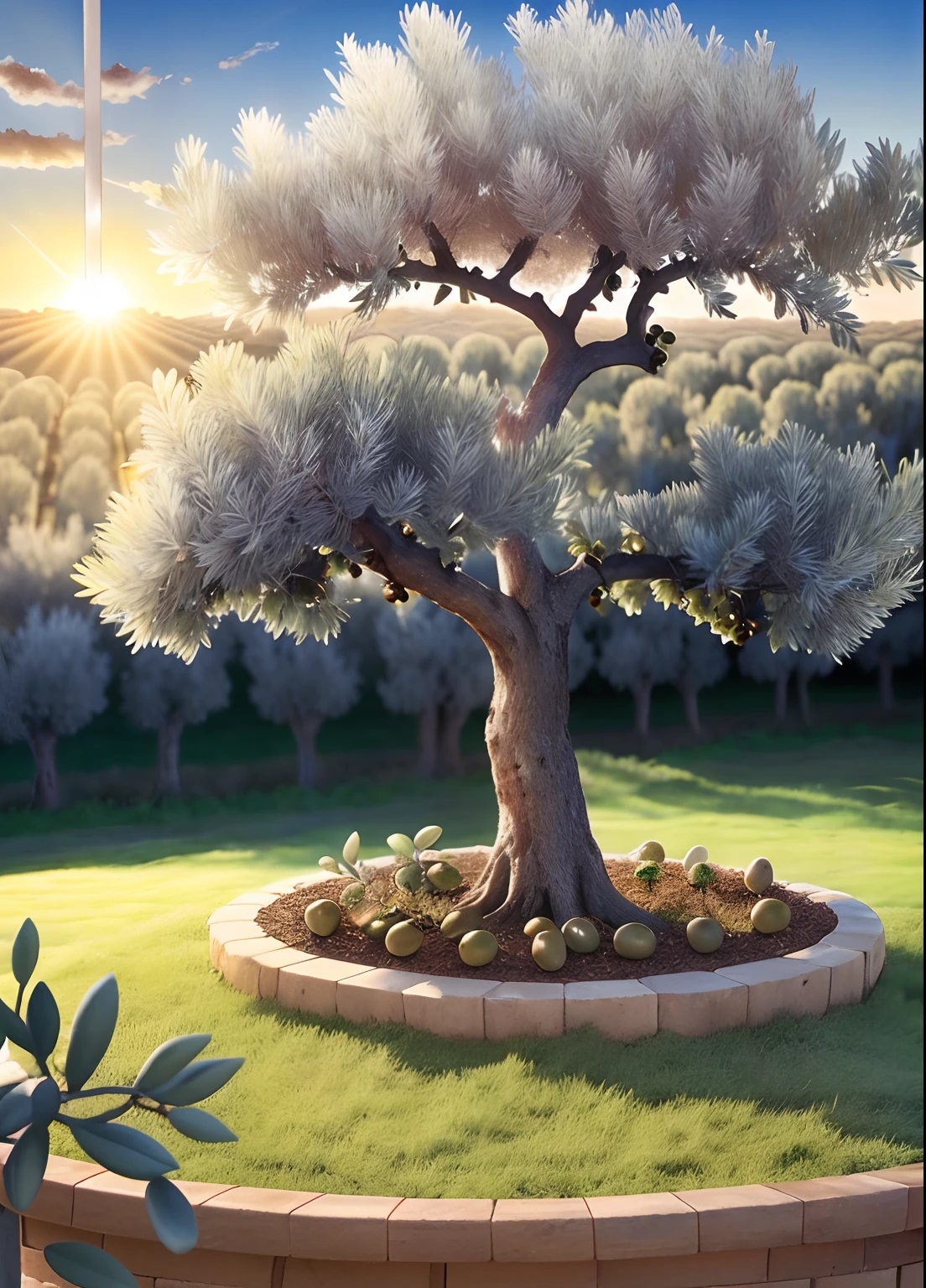 Realistic photo. Olive tree with olives on it, in a nice setting
 Detailed. Sun rising, olive farm