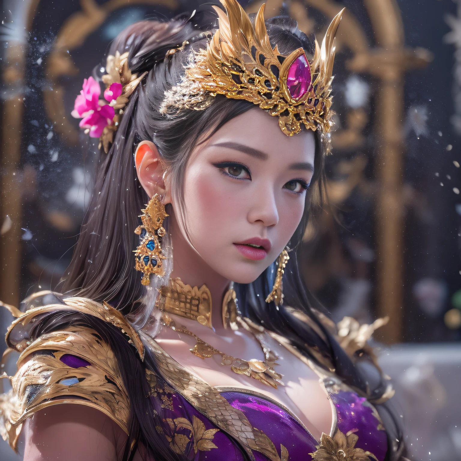 32K(tmasterpiece,k hd,hyper HD,32K)short detailed hair,Gold jewelry area in the back room,Flame Girl ,Yao Lang protector (realisticlying:1.4),Python pattern robe,Purple-pink tiara,Snowflakes fluttering,The background is pure,Hold your head high,Be proud,The nostrils look at people, A high resolution, the detail, RAW photogr, Sharp Re, Nikon D850 Film Stock Photo by Jefferies Lee 4 Kodak Portra 400 Camera F1.6 shots, Rich colors, ultra-realistic vivid textures, Dramatic lighting, Unreal Engine Art Station Trend, cinestir 800,Hold your head high,Be proud,The nostrils look at people