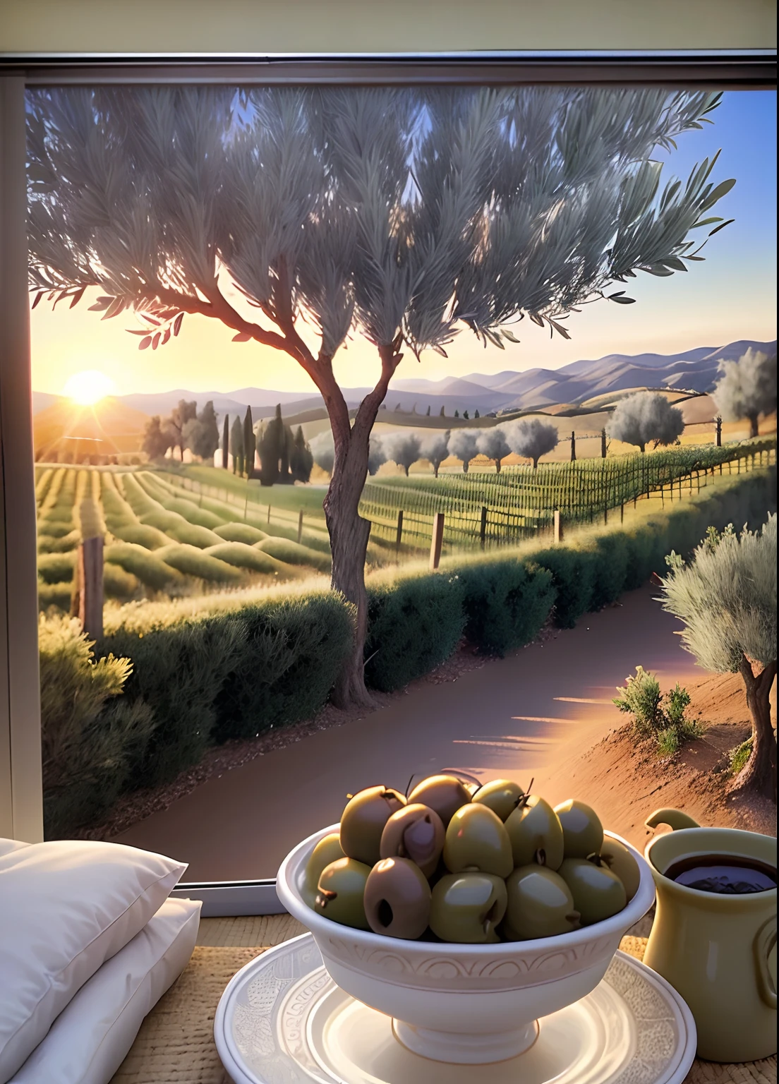 Realistic photo. Olive tree with olives on it, in a nice setting
Detailed. Sun rising, olive farm