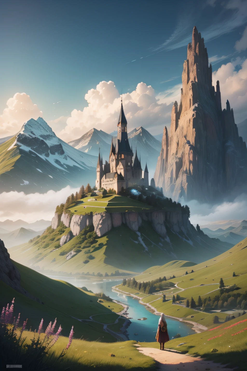 The painting opens to a sprawling panorama of Middle-earth from "The Lord of the Rings." In the center of the canvas, a new character named Elara, an adventurer, stands before a scene of wonder.

In front of Elara, vast and stretching, is a perfect blend of lush meadows and open fields. Tall, vibrant grass sways in the breeze, wildflowers bloom in profusion, and sunlight bathes the landscape in sharp, radiant hues. This is a part of Eriador, where Elara is embarking on her exploration.

Above, there looms a distant mountain range. Snow-capped peaks reach for the sky, partly shrouded in mist and clouds, creating a picture of grandeur and enchantment. Sunlight filters through the layers of clouds, casting rays that paint the scene with an almost magical touch.

Flowing from the base of the mountains is a winding river, its crystal-clear waters shimmering in the sunlight. Fish dart about, the natural denizens of the water, adding a sense of tranquility and life.

In the distance, nestled along the riverbank, a quaint village comes into view. Thatched-roof houses and classic, inviting windows create an atmosphere that is both nostalgic and cozy.

Elara stands there, dressed in her expedition attire, holding a map in hand, ready to embark on a journey of discovery in this mystical land. Her demeanor is one of excitement and curiosity, as she gazes upon unexplored territories within Middle-earth, eager to uncover new and intriguing wonders.

Each detail within the painting is meticulously rendered, from the varied shades of the meadows to the play of light created by the sun. The painting exudes vibrancy and allure, drawing viewers into Elara's wondrous journey within the Middle-earth realm.