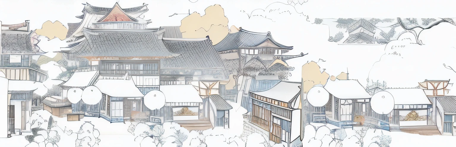 Drawings of a building with many windows, Architectural illustration, inspired by Katsukawa Shunsen, inspired by Tōshi Yoshida, A digital rendering, european japanese buildings, inspired by Watanabe Shōtei, Japanese style houses, full - view, Inspired by Yoshida Hanbei, Japanese village, inspired by Ogata Kōrin，Color flat painting