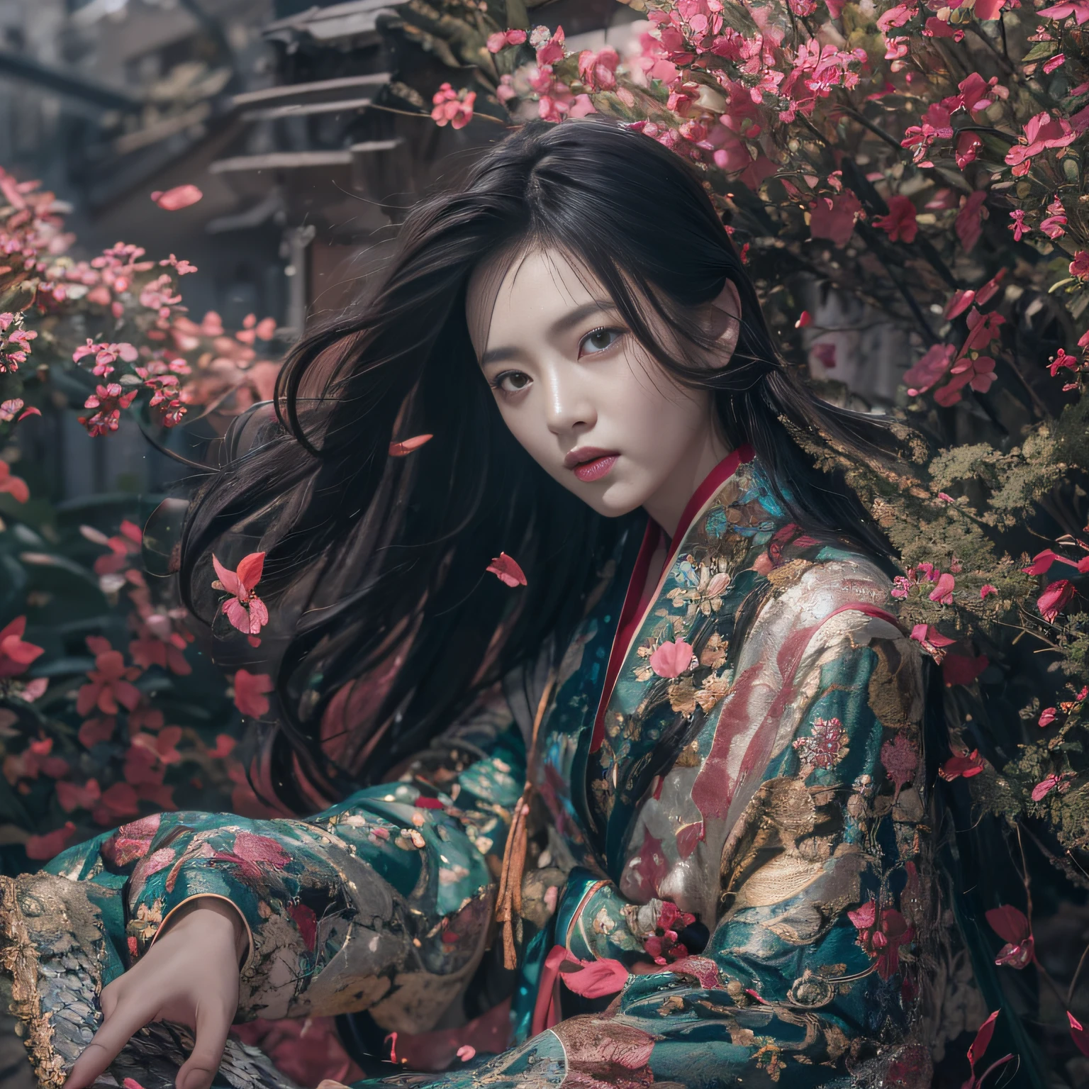 32K(tmasterpiece,k hd,hyper HD,32K)Long flowing black hair,ponds,zydink, a color, Xuzhou people (seductiv), (sulfur dioxide), Combat posture, looking at the ground, long whitr hair, Floating hair, Carp pattern headdress, Chinese long-sleeved tulle python robe, (Abstract gouache splash:1.2), Pink petal background,Golden lotus flowers flying(realisticlying:1.4),Black color hair,Fallen leaves flutter,The background is pure, A high resolution, the detail, RAW photogr, Sharp Re, Nikon D850 Film Stock Photo by Jefferies Lee 4 Kodak Portra 400 Camera F1.6 shots, Rich colors, ultra-realistic vivid textures, Dramatic lighting, Unreal Engine Art Station Trend, cinestir 800,Long flowing black hair,Long-sleeved tulle python robe