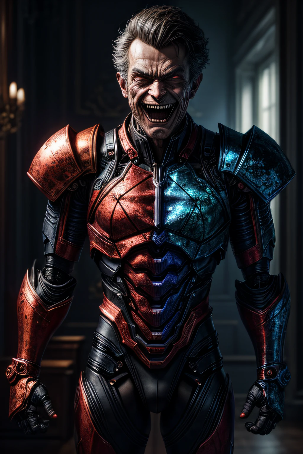photo realistic, highest quality, RAW photo, cinematic composition, (upperbody:1.4) photography of an (evil male humanoid robot:1.2), (mocking smile:1.4), with (arm extended forward:1.3), waring extravagant and colorful clothes, haggard face, aquiline nose, bushy eyebrows, haggard skin, macabre, disturbing, photo realistic skin texture|spots|wrinkles, detailed clothes, clothes texture|wrinkles, abundant details, intricate details, subsurface scattering, volumetric shadows, sharp focus, (dynamic pose), 8k, highly detailed, UHD, HDR, (extremely high facial expressiveness:1.2), (accurate hands anatomy:1.1),