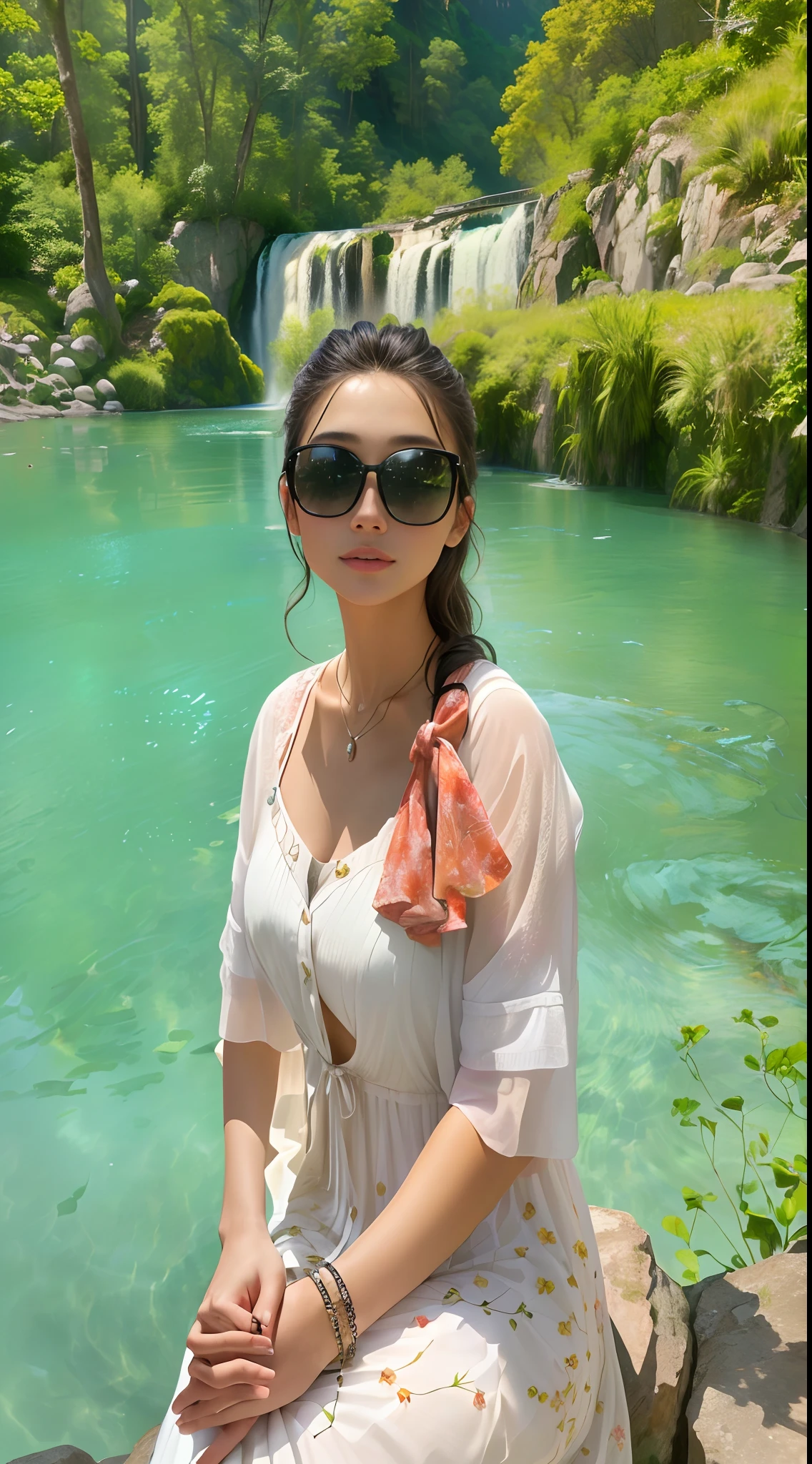 There was a woman sitting on a rock near the pond, photograph taken in 2 0 2 0, waterfall in background, standing next to water, vacation photo, river in the background, On a sunny day, Lake in the background, in lake, Gorgeous lady, beautiful lady, waterfall in background, next to a waterfall, fish in the background，High-value temperament beauty