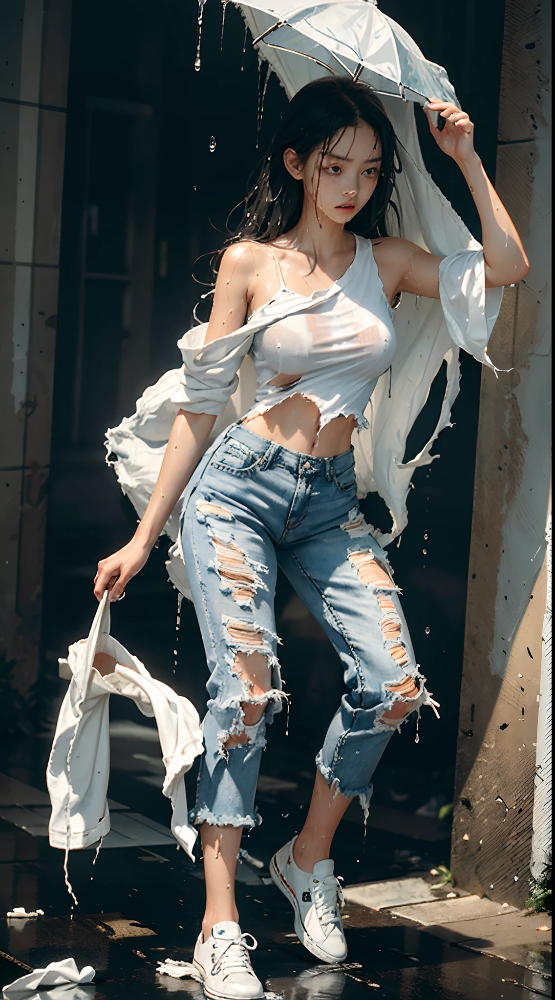 best image quality, masterpiece, super high resolution, (fidelity:1.4), photo, 1 girl, white shirt, torn jeans, white sneakers, dim, darkness, despair, pity, poor, movie, tears, teardrops, (torn clothes:1.5), (wet clothes:1.4), bare shoulders, real rain, wet hair,..