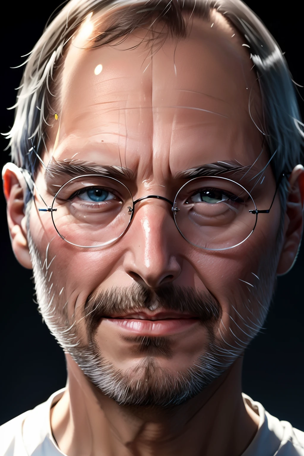 Steve Jobs's face carries an intense yet serene expression. Their eyes sparkle with determination and passion, reflecting a deep love for their craft. There's a faint, confident smile playing at the corners of their lips, revealing the joy they find in their work.