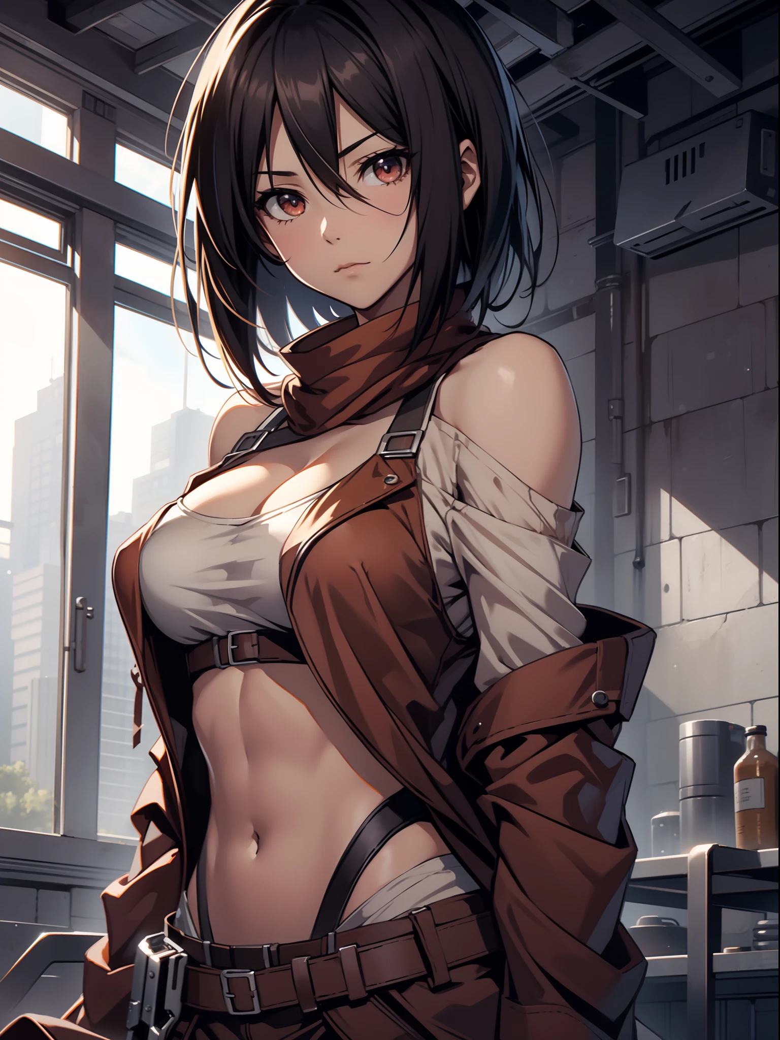 Mikasa_ackerman,solo person,byself,Off-the-shoulder clothing,muscline,cleavage,nabel,open waist,Abs,Vest line,Off-the-shoulder attire,