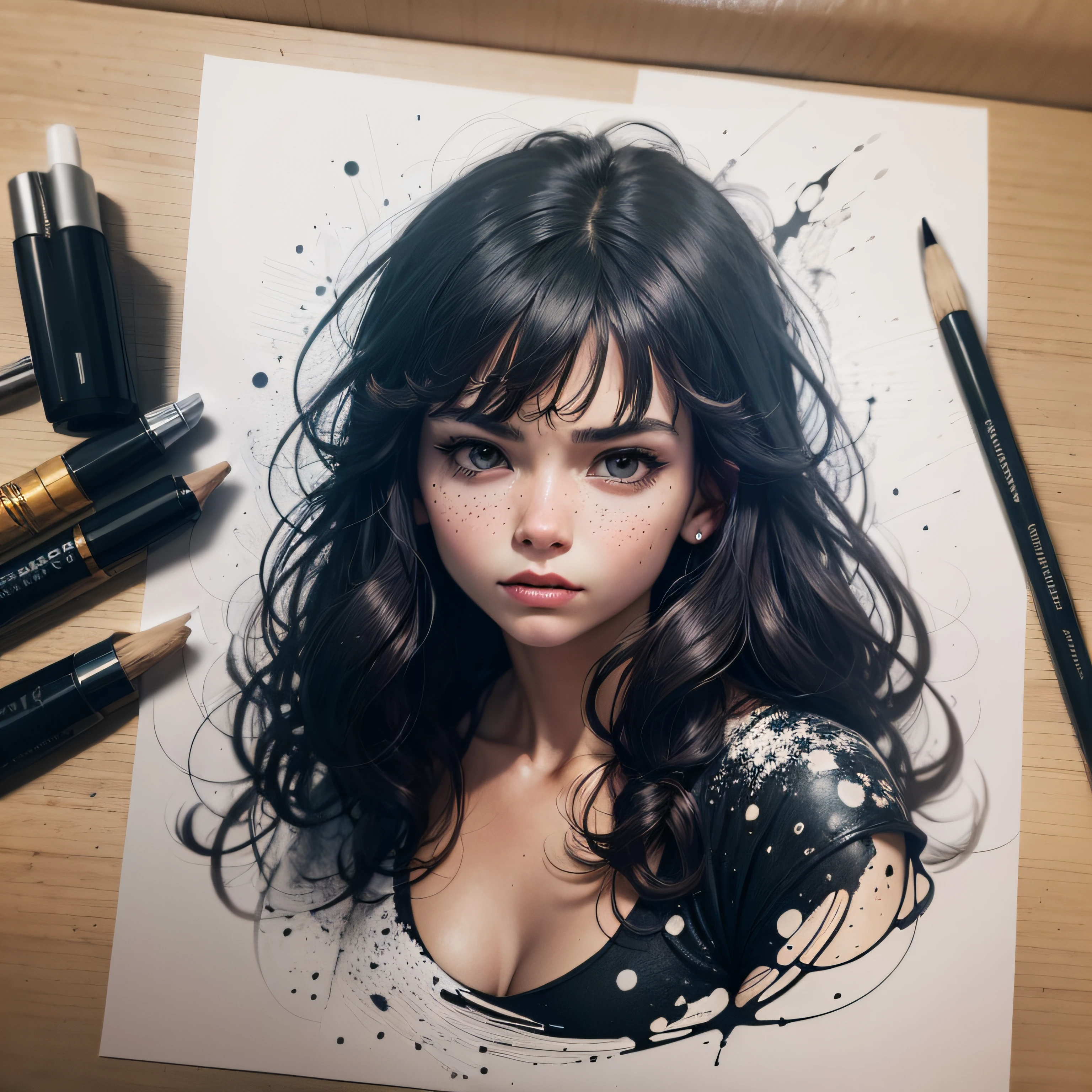 "Scribbles, black ink on paper, ink dots, Siebovitz style, lots of contrast, rough texture, strong lines, expressive brushstrokes"