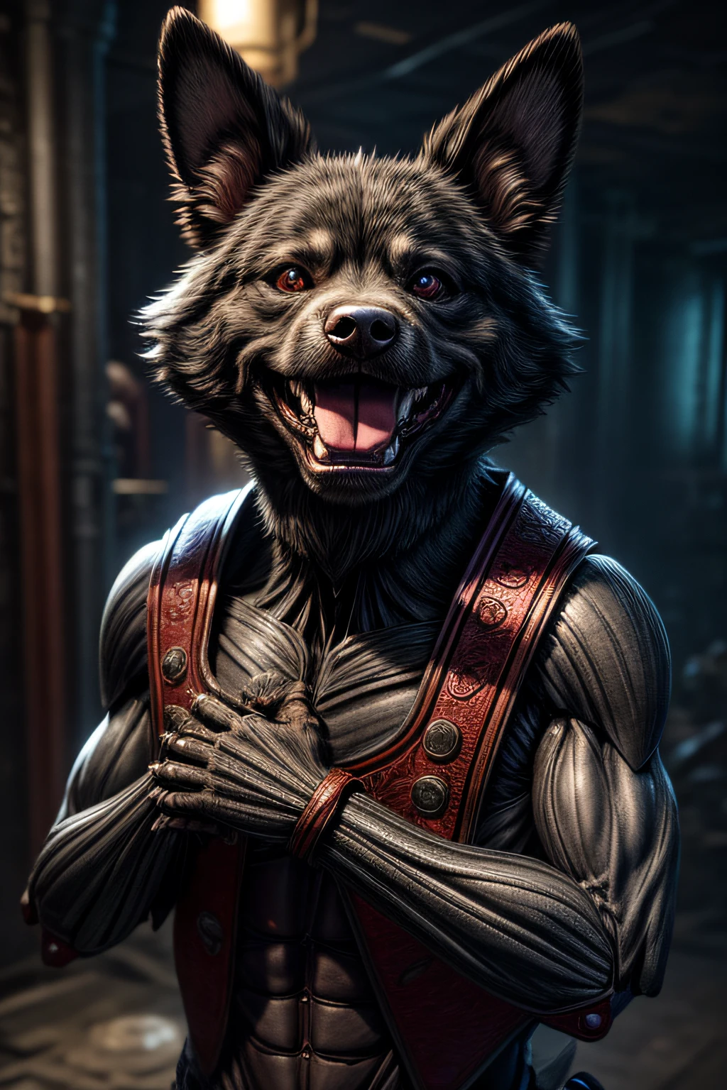 photo realistic, highest quality, RAW photo, cinematic composition, (upperbody:1.4) photography of an (evil humanoid dog:1.4), (mocking smile:1.4), with (arm extended forward:1.3), waring extravagant and colorful clothes, haggard face, aquiline nose, bushy eyebrows, haggard skin, macabre, disturbing, photo realistic skin texture|spots|wrinkles, detailed clothes, clothes texture|wrinkles, abundant details, intricate details, subsurface scattering, volumetric shadows, sharp focus, (dynamic pose), 8k, highly detailed, UHD, HDR, (extremely high facial expressiveness:1.2), (accurate hands anatomy:1.5),