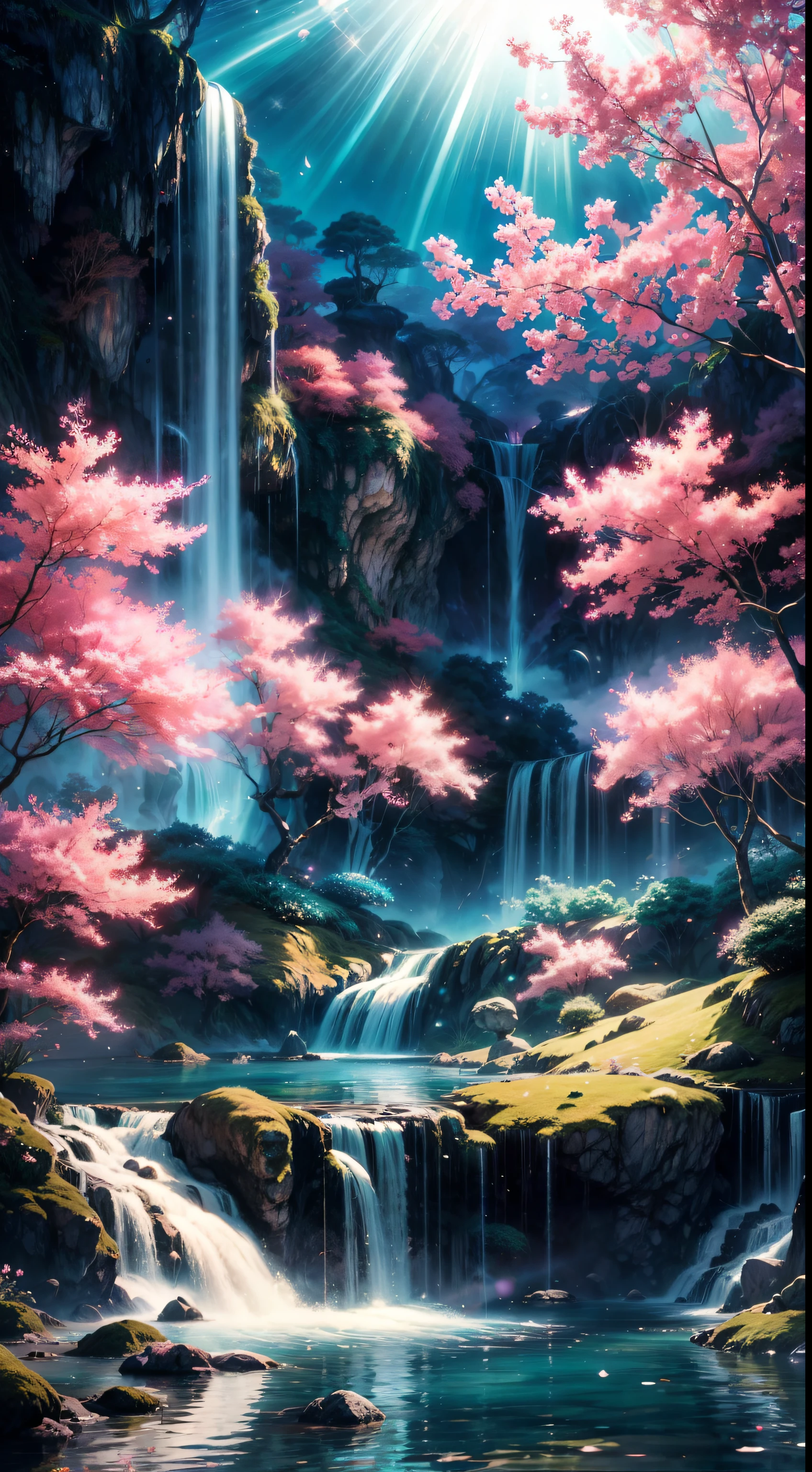 Envision a mesmerizing scene of a magnificent realm of romantic dreams. The environment is filled with intricate floating islands, fluffy clouds, waterfalls cascading from the floating islands, and a vibrant, surreal atmosphere. The atmosphere is filled with a sense of wonder and tranquility. Include many shades of pink in the image along with other vibrant jewel-toned hues. This scene will be depicted in an anime-style illustration, with soft lines, pastel colors, and a whimsical touch. All buildings are extremely detailed and elegant. The artwork will capture the ethereal beauty and tranquility of the dreamlike realm, creating a sense of harmony and escape from the ordinary world. Include teal water, colorful watercolor skies, glowing elements, and many small fantasy details including iridescence, expertly created majestic landscapes, and shimmer and glimmer. Above all else, this should look like a fantasy artwork. Include lots of vibrant color and vaguely surreal details.