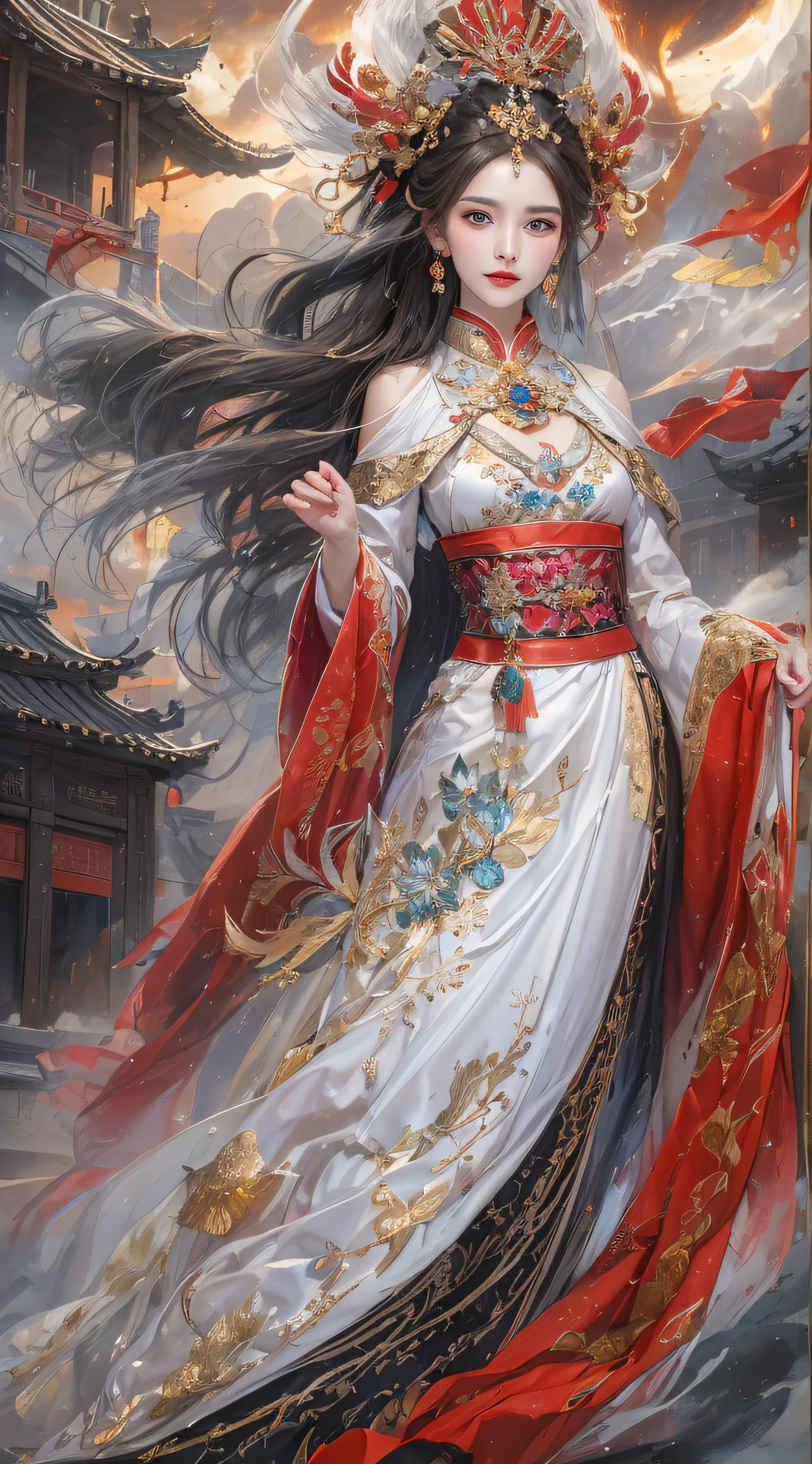 ((Bare shoulder)), ((knee shot)), ((Standing walking)), ((Elegant and charming posture)), ((Close shot)), shot of woman with flowers in hair, Portraits inspired by Du Qiong, CG trends, Reality, Gorgeous Chinese model, traditional beauty, Chinese girl, cgstation trends, Popular topics on cgstation, Chinese style, palace , Cute and delicate face, beautiful girl, A beautiful young womanAnatomically correct