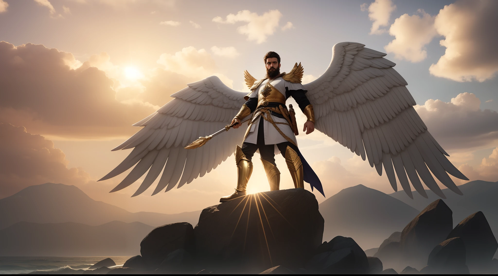 anjo masculino de deus, anjo masculino com barba, barba cheia, barba grande, anjo masculino, The angel of God's army, Golden Army, decente, bem vestido, tunic, aramadura, Rosto detalhado, army, face sem defeito, Normal face, tempestade, Towards the Heavens, celestial, divino, fotorrealista, renderizado, 4k, 8k, texturas detalhadas, sombras detalhadas, decente, cores detalhadas, anjo masculino de deus, Contraste realista, Texturas fotorrealistas, cores detalhadas, cores realistas, sombras detalhadas,