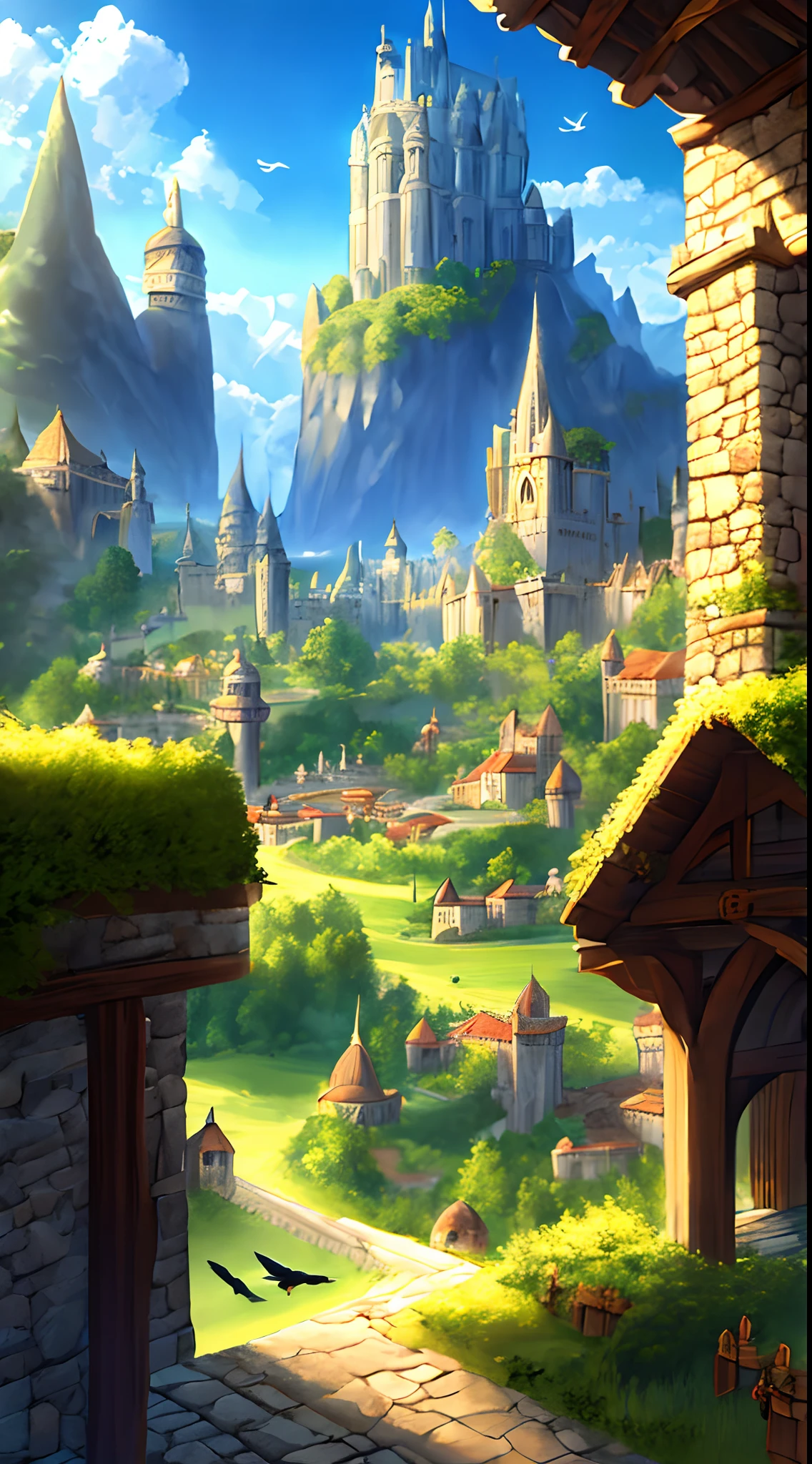 medieval kingdom. sunny morning. 8k resolution. ratio 3:2. very high drawing skills. bird's eye viewpoint. very stunning view. amazing light effects. thick medieval fantasy illustrations. very large area.