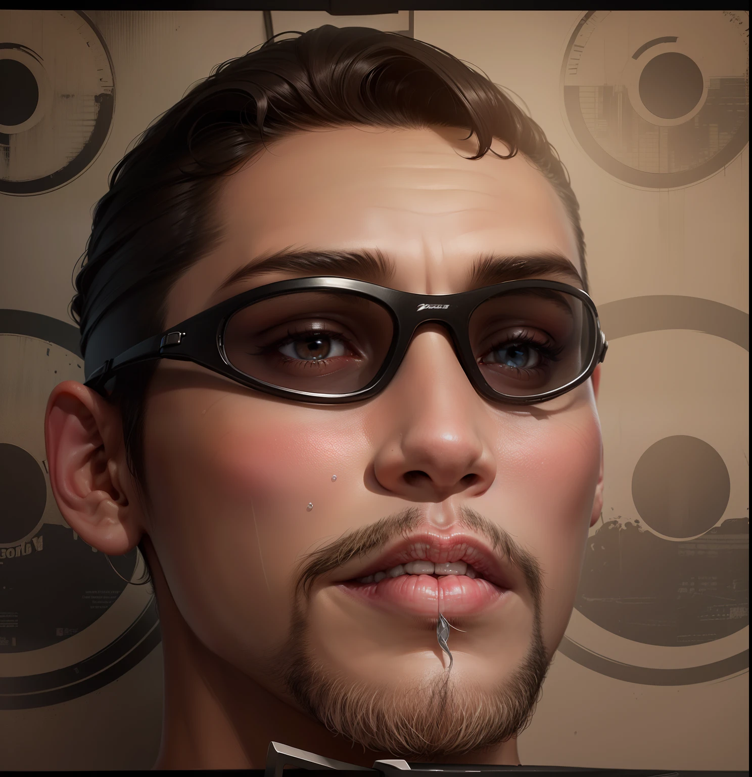 a young man AI high quality muscular tattoo with name “ruy” tanned skin piercing gaze pink mouth with realistic animated bedroom background
