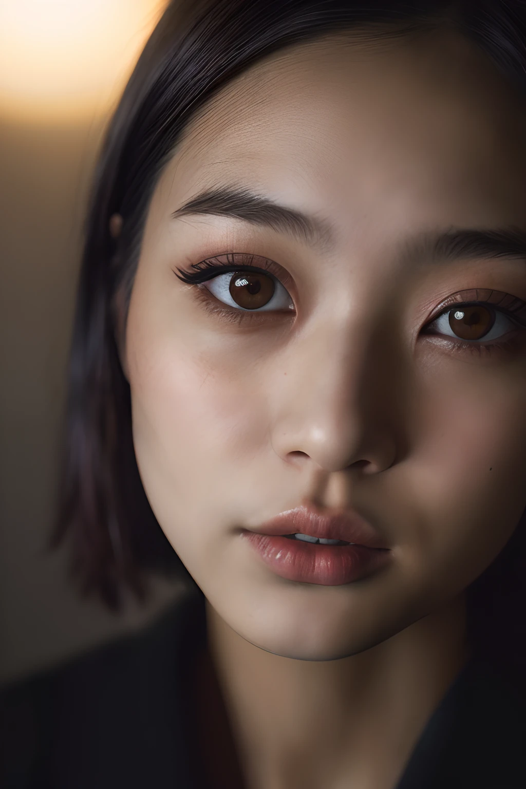 (close-up, editorial photograph of a 21 year old Japanese woman), (highly detailed face:1.4) (smile:0.7) (background inside dark, moody, private study:1.3) POV, by lee jeffries, nikon d850, film stock photograph ,4 kodak portra 400 ,camera f1.6 lens ,rich colors ,hyper realistic ,lifelike texture, dramatic lighting , cinestill 800, professional makeup, very short hair
