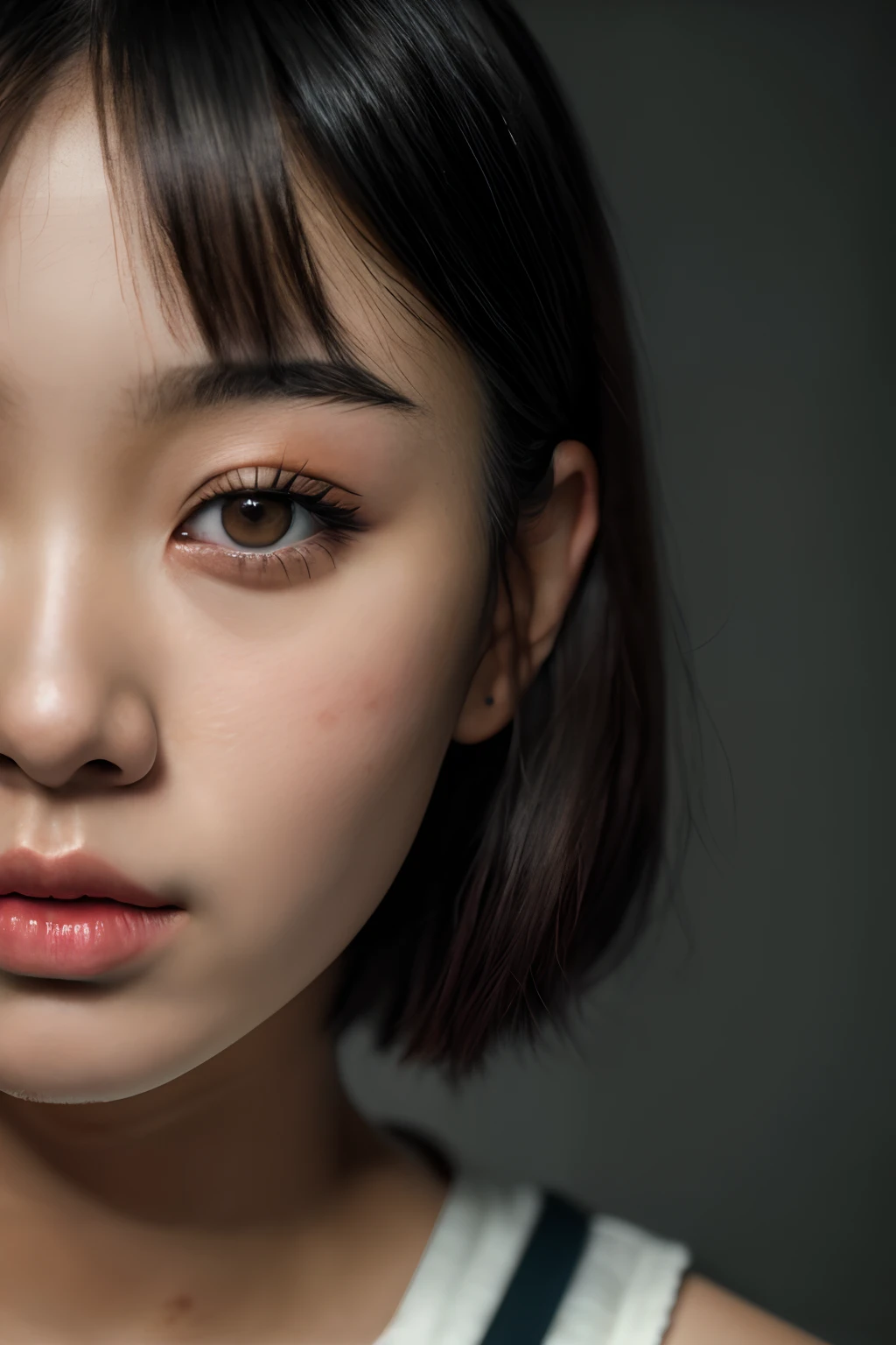 (close-up, editorial photograph of a 21 year old Japanese woman), (highly detailed face:1.4) (smile:0.7) (background inside dark, moody, private study:1.3) POV, by lee jeffries, nikon d850, film stock photograph ,4 kodak portra 400 ,camera f1.6 lens ,rich colors ,hyper realistic ,lifelike texture, dramatic lighting , cinestill 800, professional makeup, very short hair