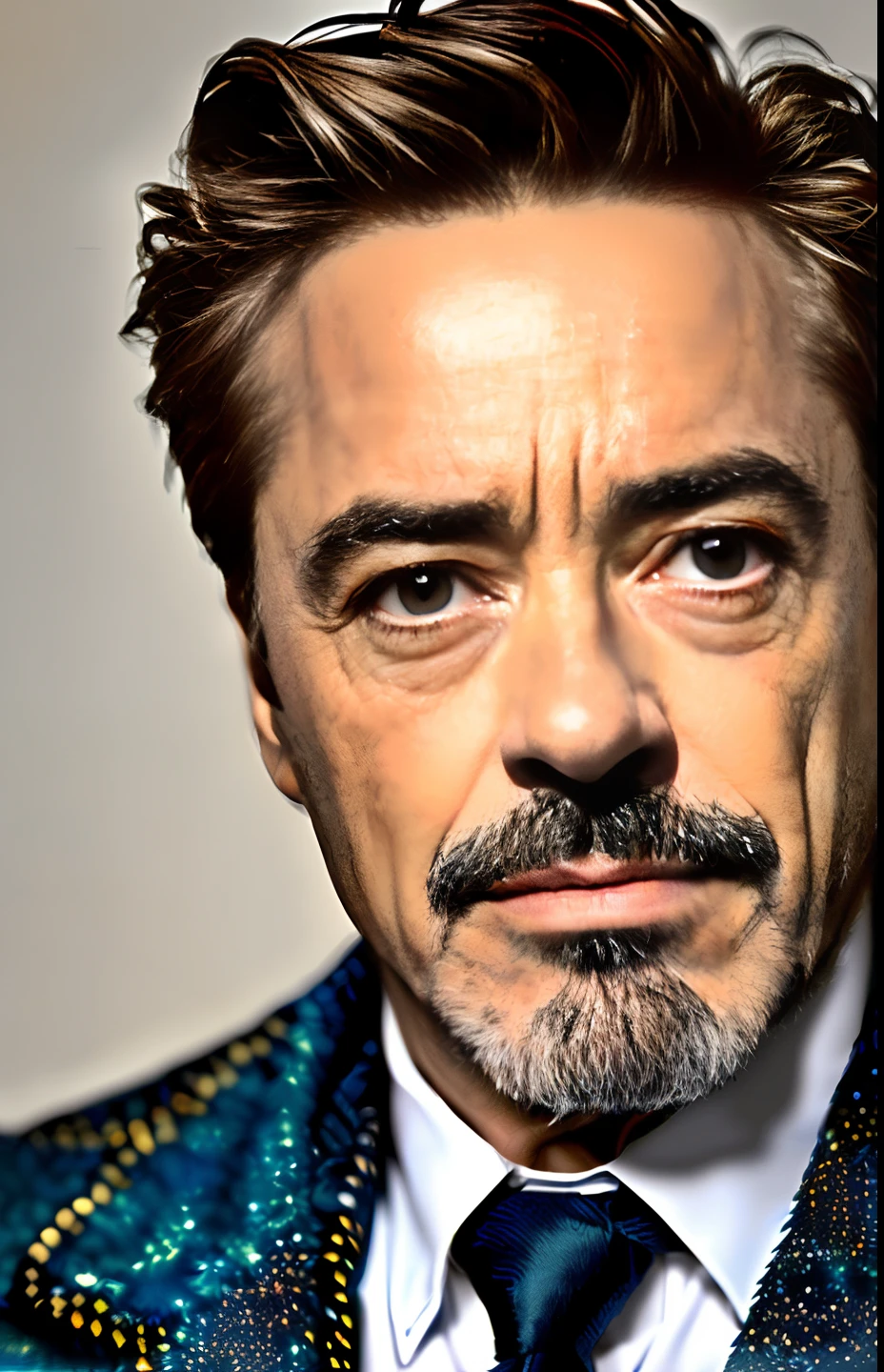 Robert Downey Jr., with a beard and jacket, is watching the camera, Old, Portrait of Robert Downey Jr, a old man, old man portrait, hyper-detailed portrait, Wise Robert Downey Jr, beautiful art, 80-year-old Robert Downey Jr, 4K portrait, Handsome men, Portrait of an old man, of an old man, looking old, Wrinkled face, Contemplative.