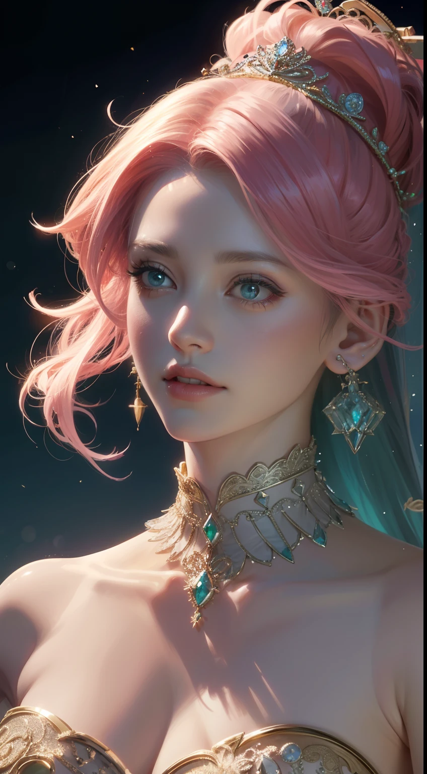 tmasterpiece，Highest high resolution，Dynamic bust of beautiful royal lady，Long pink hairstyle，Green clear eyes，The hair is covered with beautiful and delicate floral craftsmanship, Crystal jewelry filigree，Ultra-detailed details，upscaled。