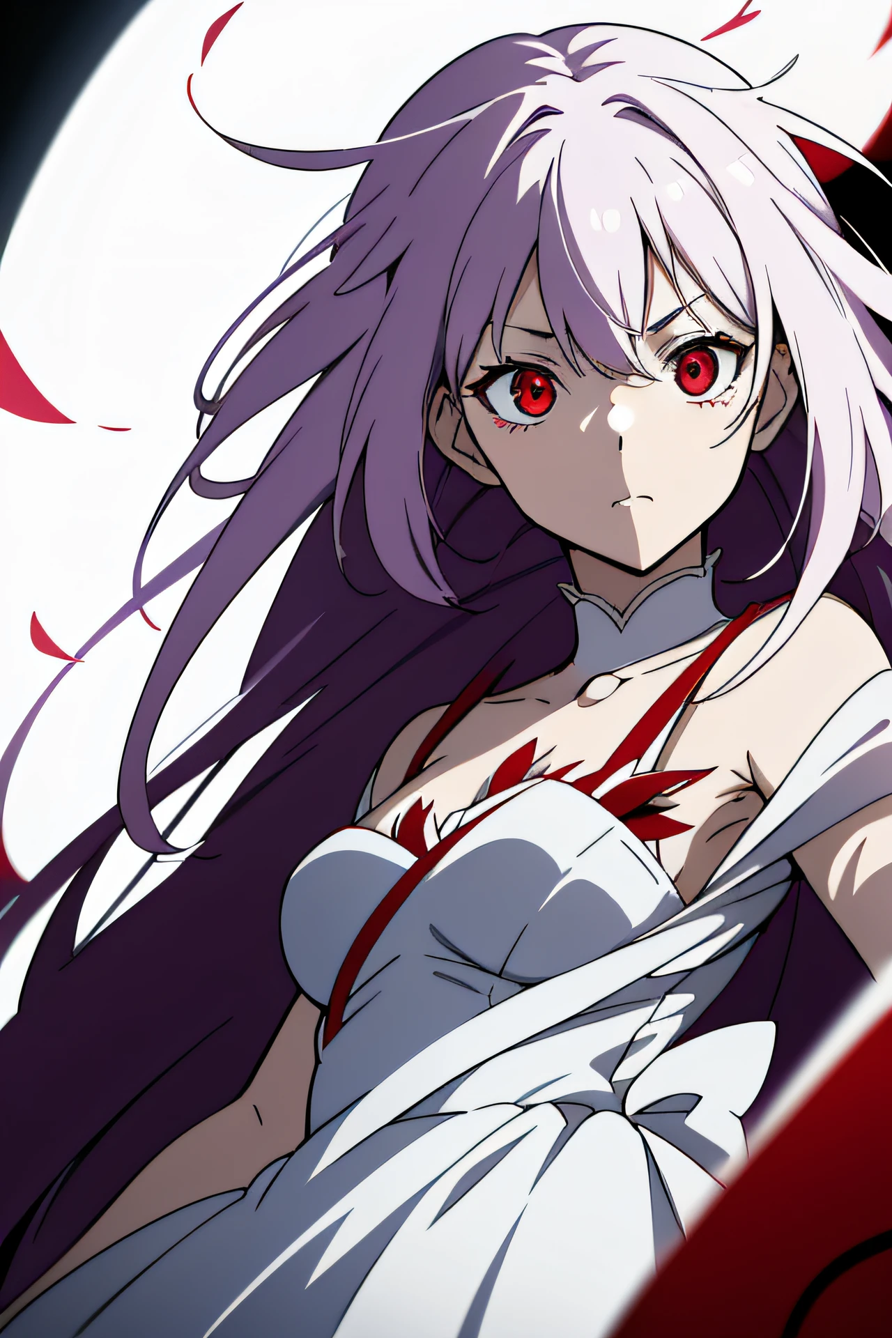 drawing of a girl in a white dress with red eyes, an anime drawing, inspired by Jin Homura, anime style character, anime style drawing, in an anime style, as an anime character, anime styled, with red glowing eyes, in anime style, inspired by Puru, anime style, anime inspired