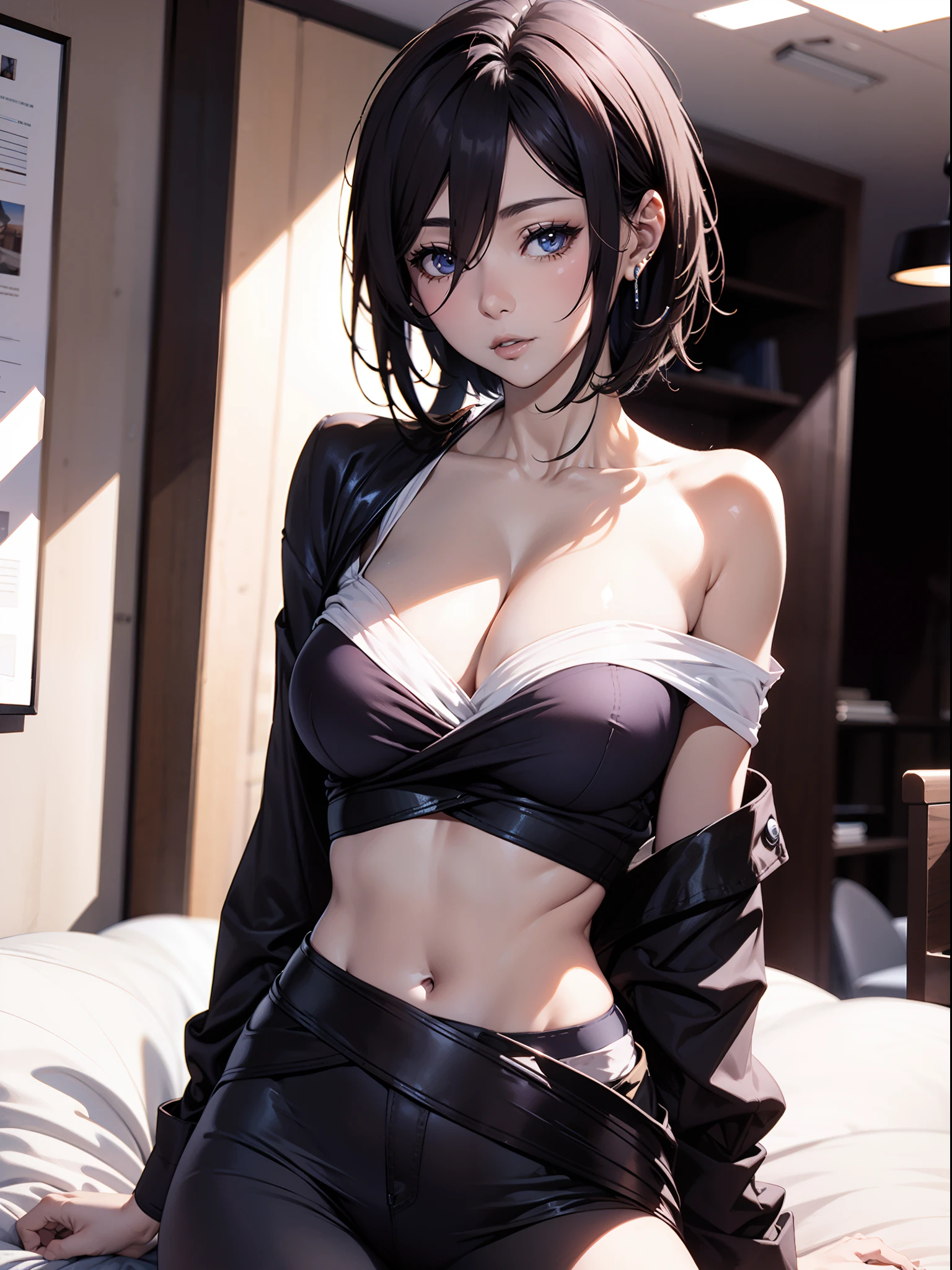 Mikasa_ackerman，solo person，byself，Off-the-shoulder clothing，muscline，cleavage，nabel，open waist