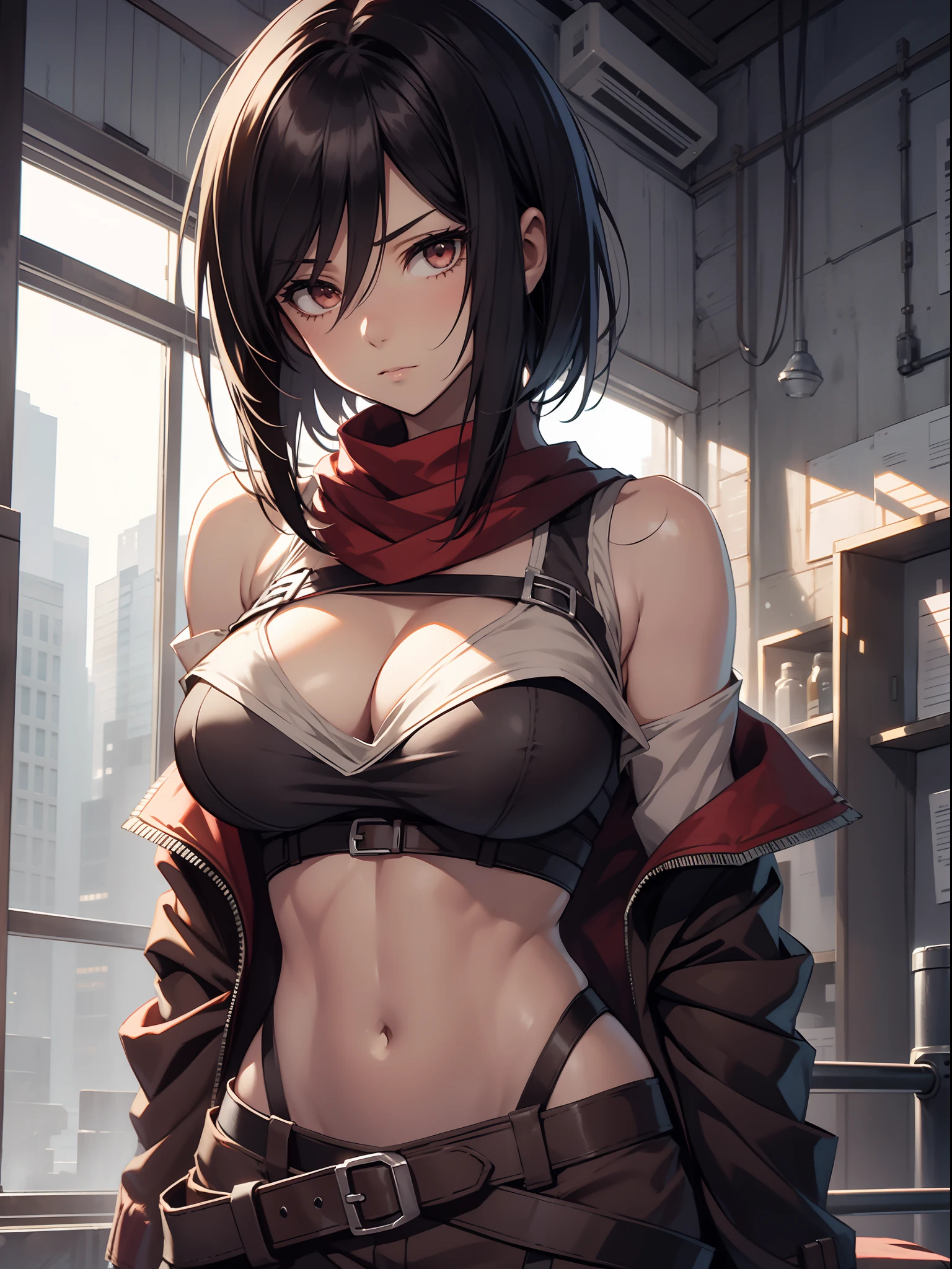 Mikasa_ackerman,solo person,byself,Off-the-shoulder clothing,muscline,cleavage,nabel,open waist,Abs,Vest line,Off-the-shoulder attire,