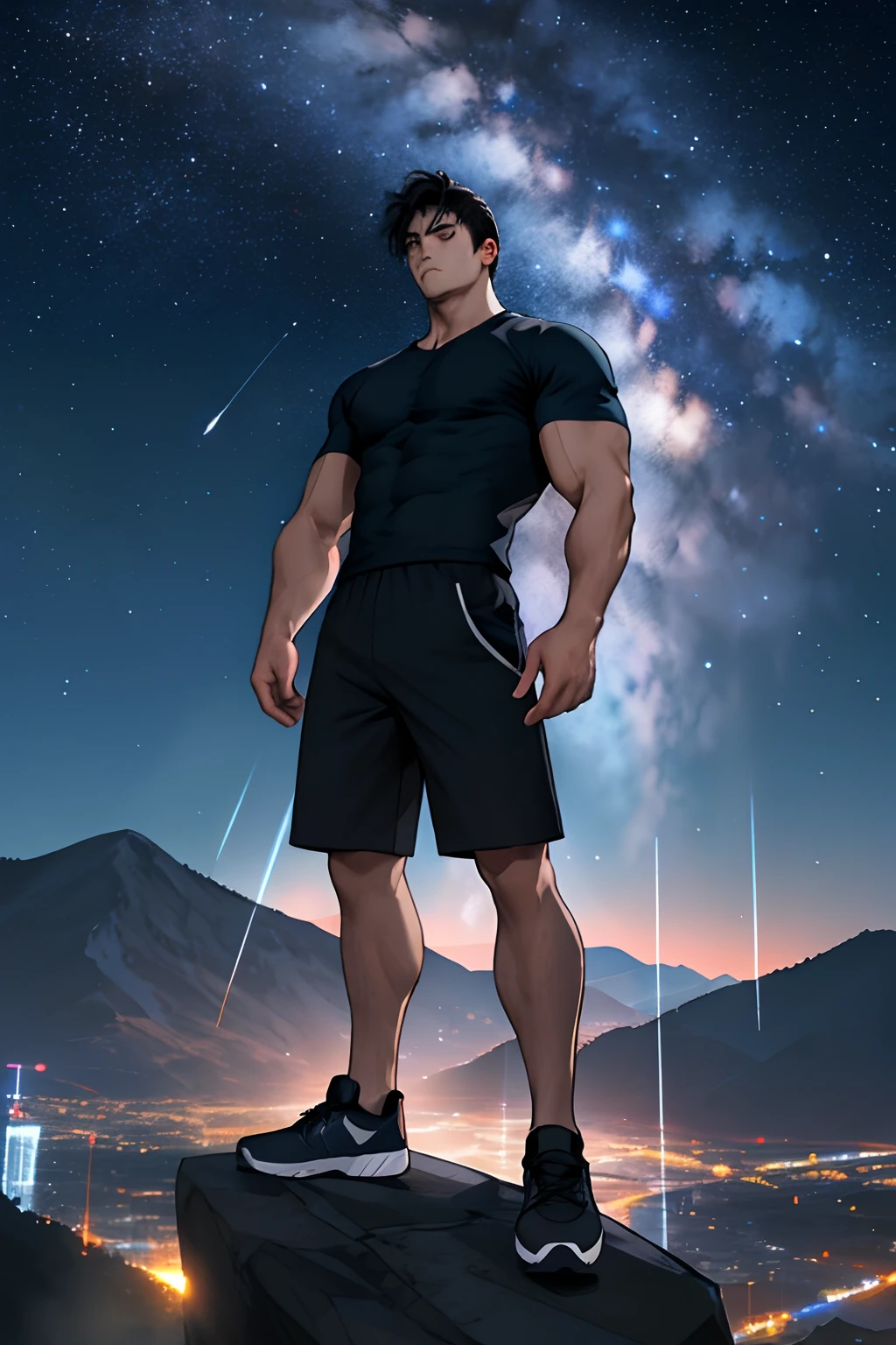 1man,masterpiece,best quality,超高分辨率,eventide,city scenery,depth of fields,with short black hair,Single men are two meters tall。Full of muscles。Masculine face。Short sleeves with bronzed skin。Black  shorts。White sneakers。The arms have muscles。Stand at the top of a mountain。nigth。Starry sky。Nebula meteor。