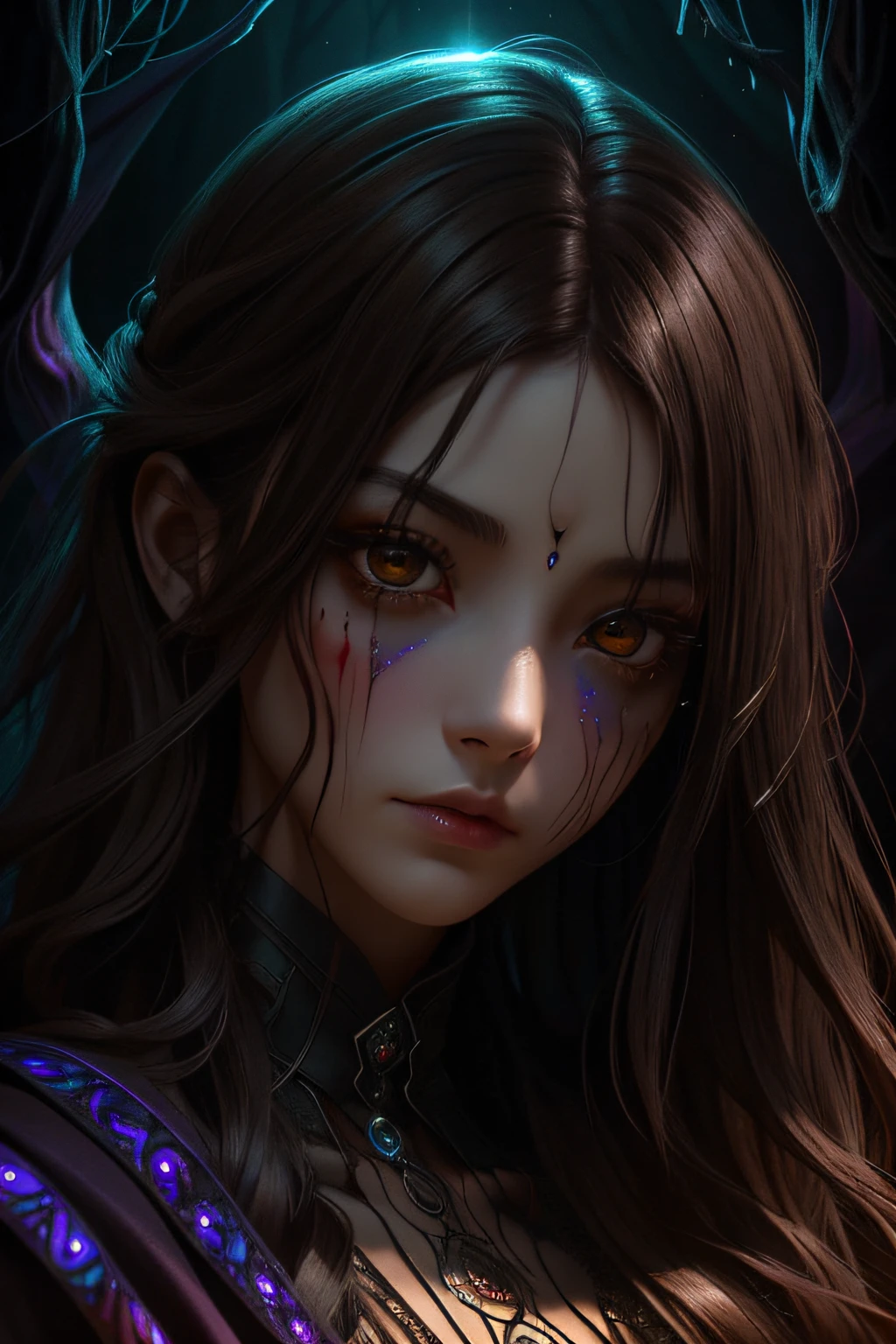 Dramatic shadows and highlights、An image with a sense of depth and three-dimensionality、(dark brown eyes)、psychedelic, Horror, Bloody, Scary, Spooky, Fantasy space, Multiple planets, Fantasy Galaxy, 1girl in, Portrait, Beautiful, psychedelic goddess, Rainbow Light, Magical, High-quality illustrations, Lautrec、mystical、Mysterious