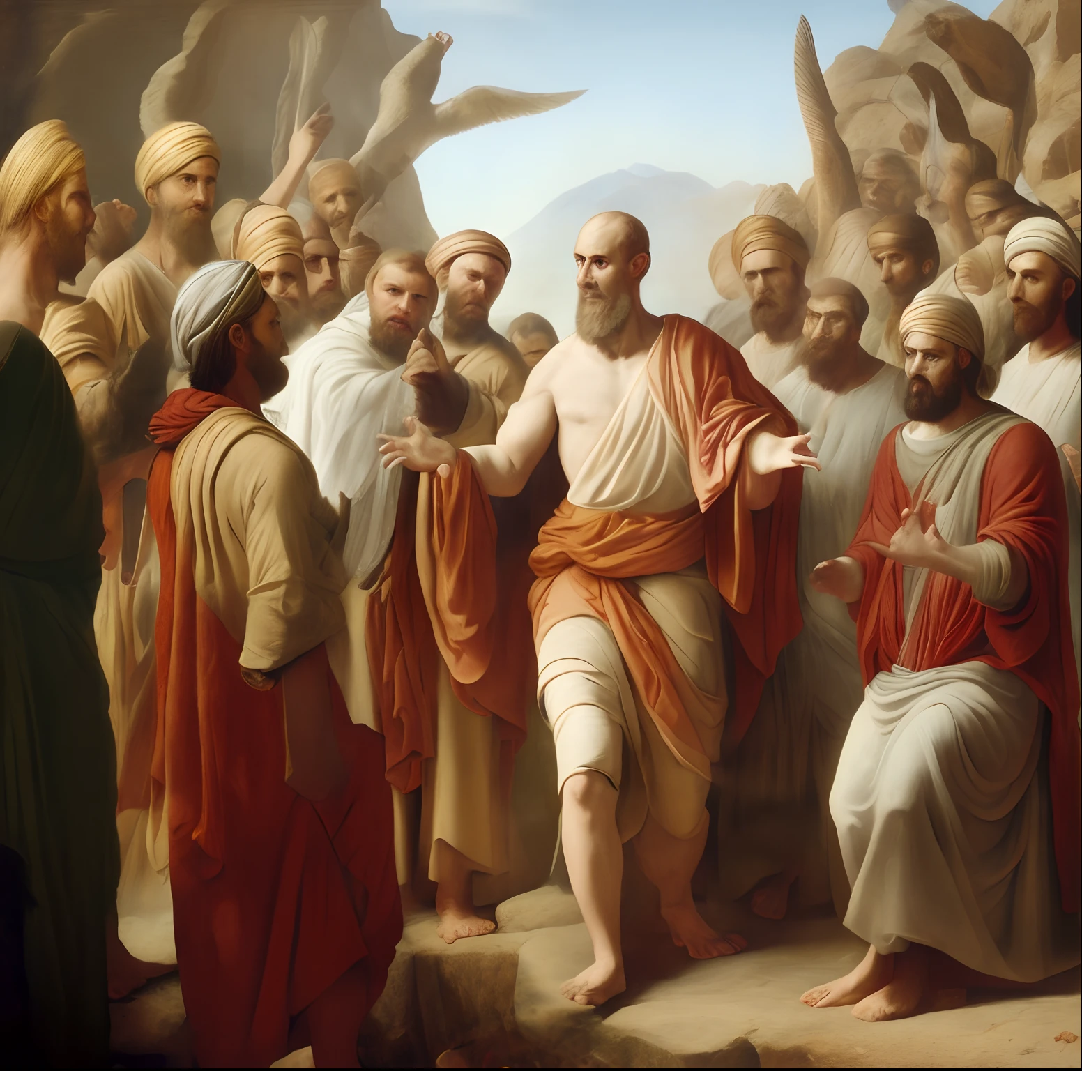 Draw a depiction of Cleantes of Assos discussing the importance of virtue and ethics with his followers, with visual elements that emphasize the connection between Stoic philosophy and the quest for eudaimonia.