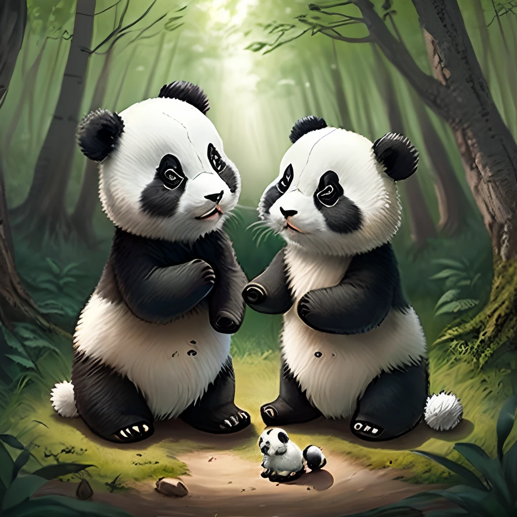 Cute panda and rabbit boy playing together，In the forest it is mainly green