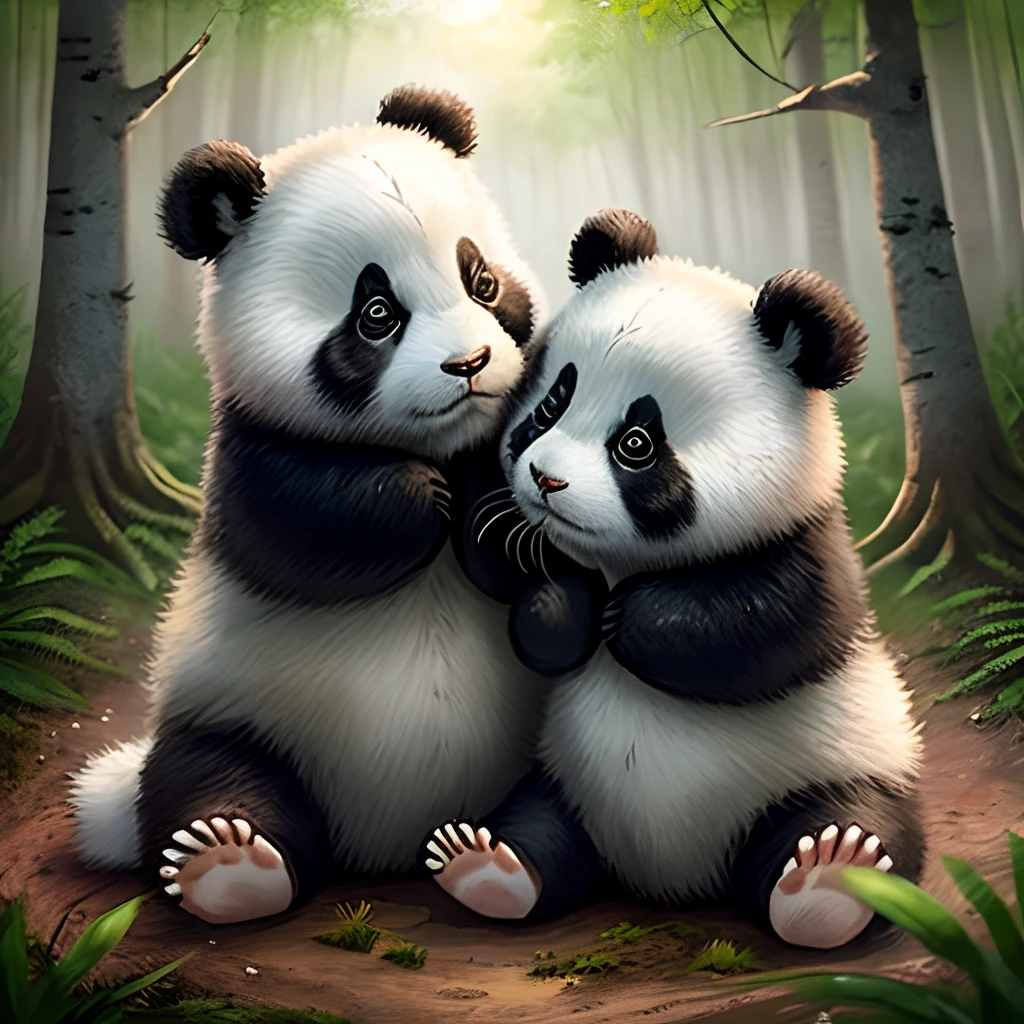 Cute panda and rabbit boy playing together,In the forest it is mainly green