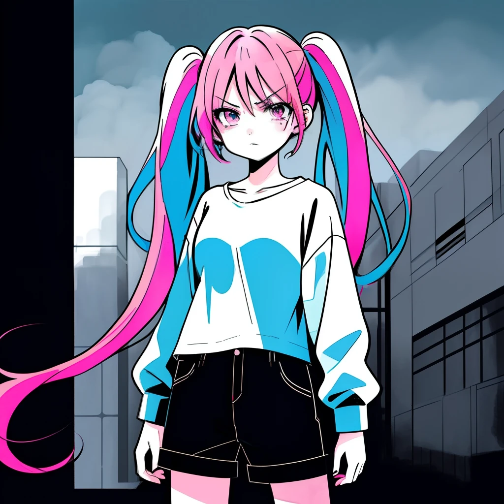 1 anime girl, short girl that has a two color hair , half pink half blue hair color , long twintails hair , wearing a very loose shirt and very short pants,Original Character, Looking At Viewer, Glaring Sunlight, dark sky, (Highest Quality, Amazing Details:1.25), (Solo:1.3), Brilliant Colorful Paintings,