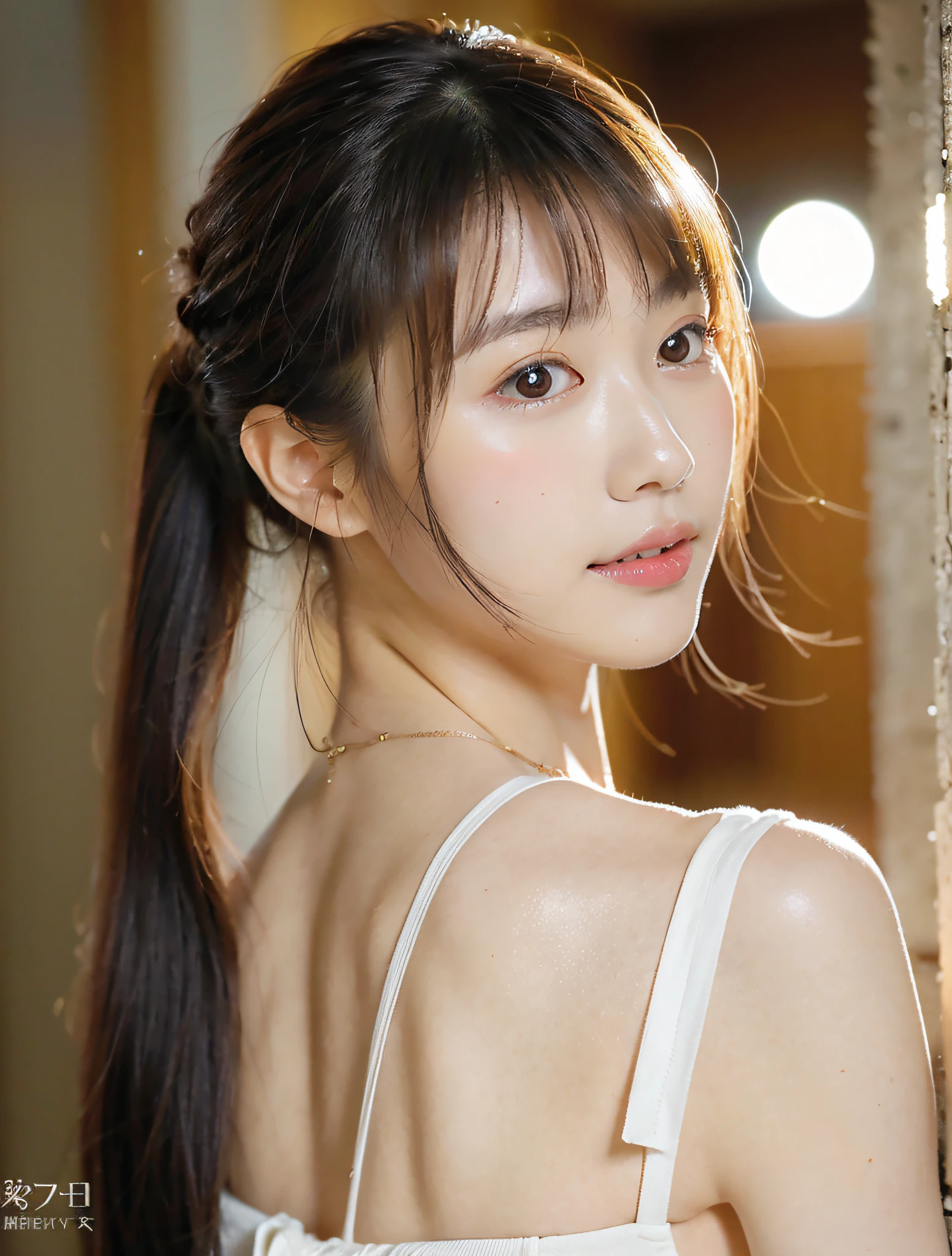 The background is the city at night。Random posture, (extremely delicate and beautiful work), (masterpiece), 1girl in, Girl in white dress, highDetails, West Creek, Warped ponytail, Charming look, Beautiful and clear eyes, Green pupil, delicate necklaces, Delicate earrings, Fairy ears, Simple blurred background, Super Detailed Description, Beautiful fece, Charming, Ultra-definition painting, delicated face, Delicate figures, thin clavicle, Beautiful lips, Cleavage breasts。Beautiful breasts, Soft back view, mix4,(8K, Raw photography, Top image quality, masutepiece:1.2), (Realistic, Realistic:1.37),1人,cute little,Wetty、Professional