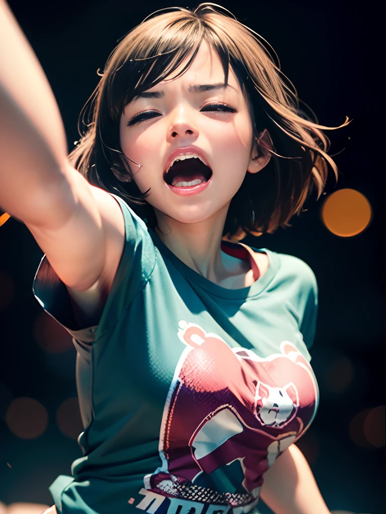 1girl in ( Screaming),Reaching the climax:1.0,Close eyes, short-cut、masutepiece、Bottoms are randomly generated、( Snake illustration printed shirt )、Background bokeh:1.5