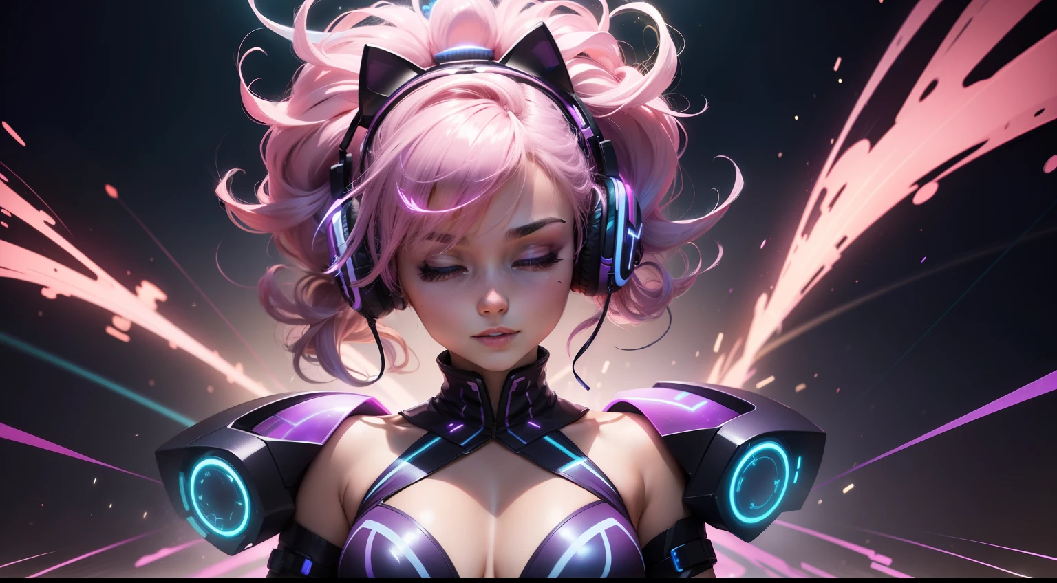 Foreground:
A dynamic pose of a cute girl, her hair flowing in the breeze. She wears a form-fitting, shimmering outfit in electric blue, capturing attention immediately. The clothing has holographic reflections, which shimmer in different neon colors as light hits it. A pair of stylish headphones sits snugly over her ears, with tiny LED lights pulsing to an invisible beat. Her eyes are closed, and a playful smirk graces her lips, hinting at the rhythm engulfing her.
Background:
A burst of vibrant, hype colors – neon pinks, electric purples, and intense yellows, swirling and blending, creating an energetic vortex. The colors are reminiscent of a lively night scene or an electrifying concert. Streaks of white lightning bolts zigzag across the background, amplifying the overall energy.