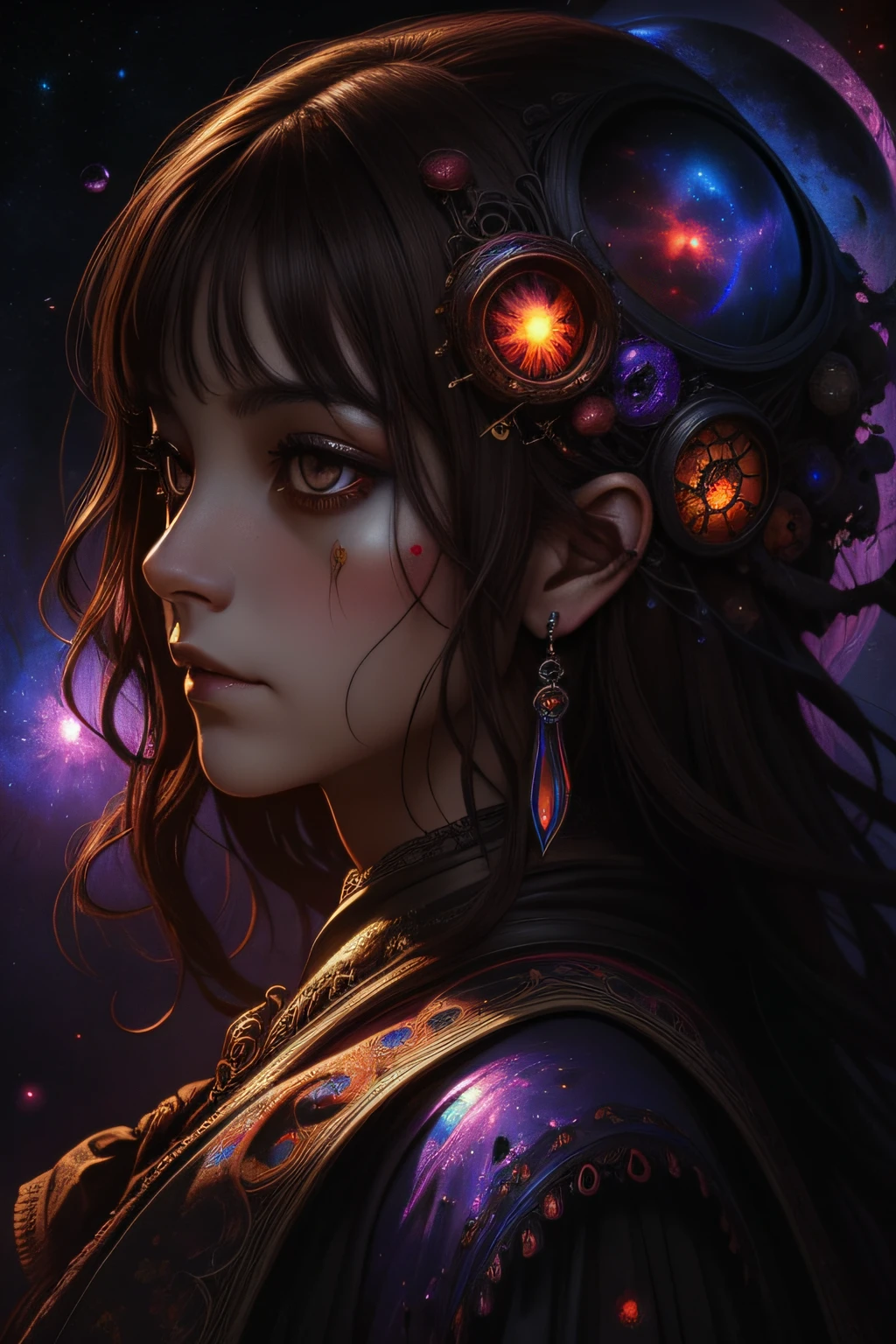 (dark brown eyes)、psychedelic, Horror, Bloody, Scary, Spooky, Fantasy space, Multiple planets, Fantasy Galaxy, 1girl in, Portrait, Beautiful, psychedelic goddess, Rainbow Light, Magical, High-quality illustrations, Lautrec、