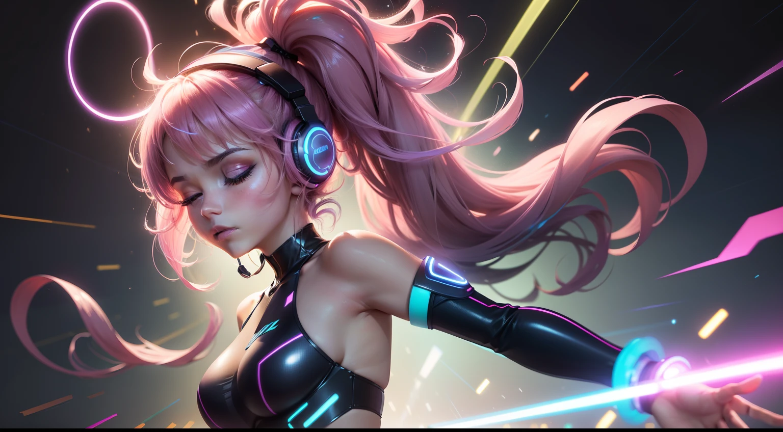 Foreground:
A dynamic pose of a cute girl, her hair flowing in the breeze. She wears a form-fitting, shimmering outfit in electric blue, capturing attention immediately. The clothing has holographic reflections, which shimmer in different neon colors as light hits it. A pair of stylish headphones sits snugly over her ears, with tiny LED lights pulsing to an invisible beat. Her eyes are closed, and a playful smirk graces her lips, hinting at the rhythm engulfing her.
Background:
A burst of vibrant, hype colors – neon pinks, electric purples, and intense yellows, swirling and blending, creating an energetic vortex. The colors are reminiscent of a lively night scene or an electrifying concert. Streaks of white lightning bolts zigzag across the background, amplifying the overall energy.