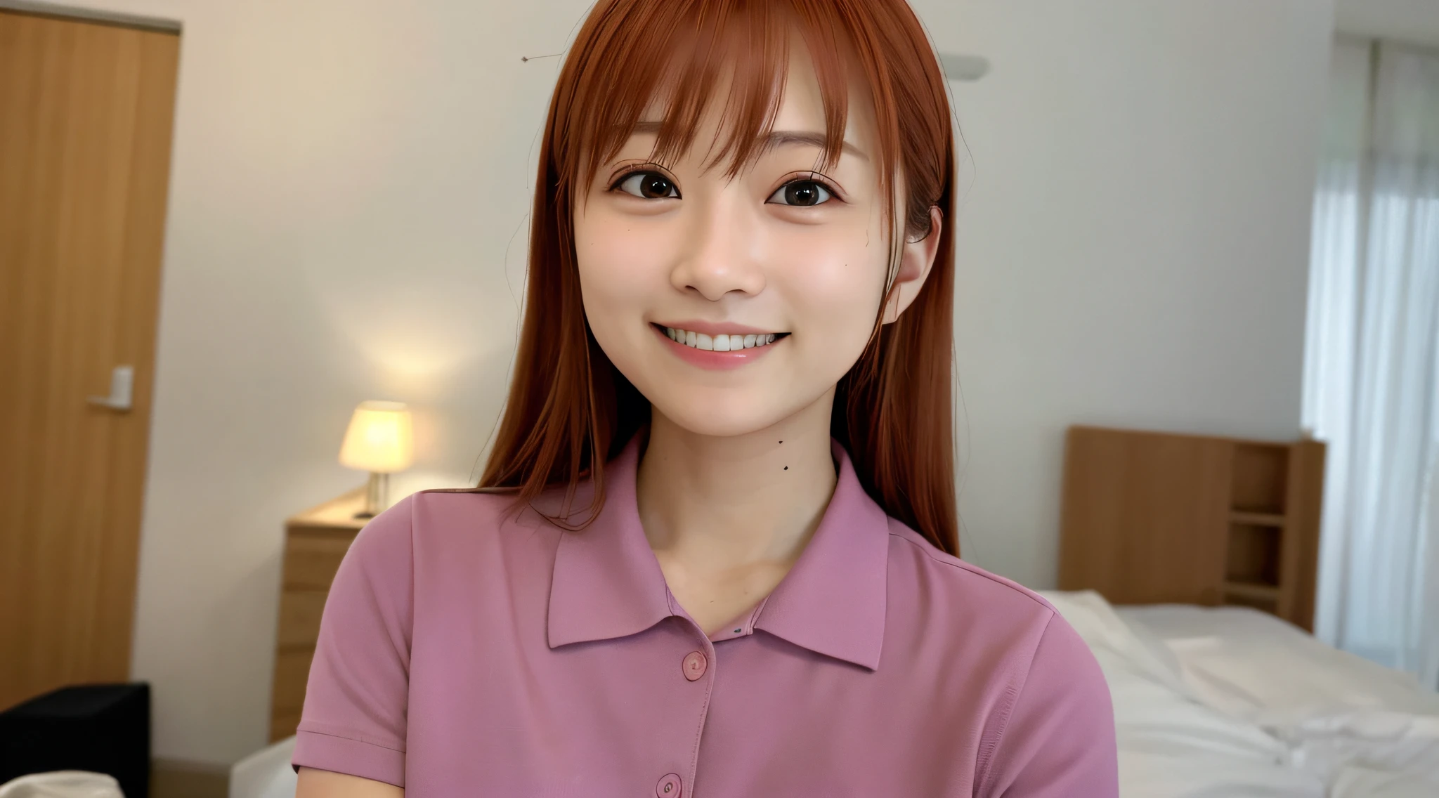 1 female、beautiful countenance、japanes、Shaped face、30-years old、Smile、looking looking at viewer、Summer Uniforms、Let's take off our clothes a little、a picture、realisticlying、top-quality、detailed facial expression、Bedroom、细致背景、diffuse lighting、depth of fields、Bokeh