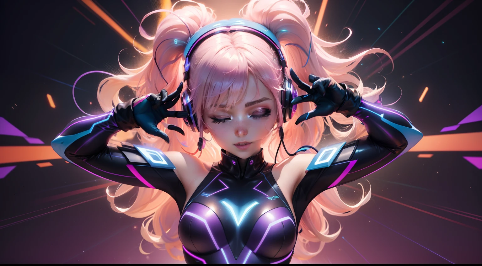 Foreground:
A dynamic pose of a cute girl, her hair flowing in the breeze. She wears a form-fitting, shimmering outfit in electric blue, capturing attention immediately. The clothing has holographic reflections, which shimmer in different neon colors as light hits it. A pair of stylish headphones sits snugly over her ears, with tiny LED lights pulsing to an invisible beat. Her eyes are closed, and a playful smirk graces her lips, hinting at the rhythm engulfing her.
Background:
A burst of vibrant, hype colors – neon pinks, electric purples, and intense yellows, swirling and blending, creating an energetic vortex. The colors are reminiscent of a lively night scene or an electrifying concert. Streaks of white lightning bolts zigzag across the background, amplifying the overall energy.