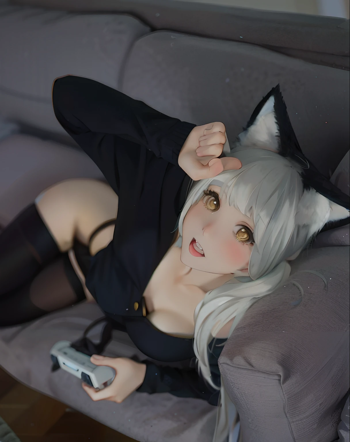 There is a woman with cat ears, Anime girl cosplay, Attractive cat girl, beautiful young catgirl, Anime cosplay, cosplay, very beautiful cute catgirl, anime catgirl, full-cosplay, professional cosplay, Cat woman, rpgmaker, cosplay foto, realistic cosplay, White Cat Girl, White-haired fox, 2b,Gamepad in hand,The chest is large!Large breasts