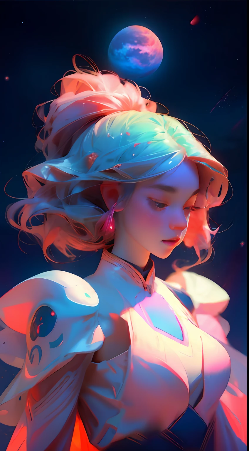 Long-range shots,The macro picture,Oyuki,(girl),Taoist,seven colors aurora,the universe, the stars, the moon, the planets, galaxies, the Milky Way,big breasts beautiful,wings