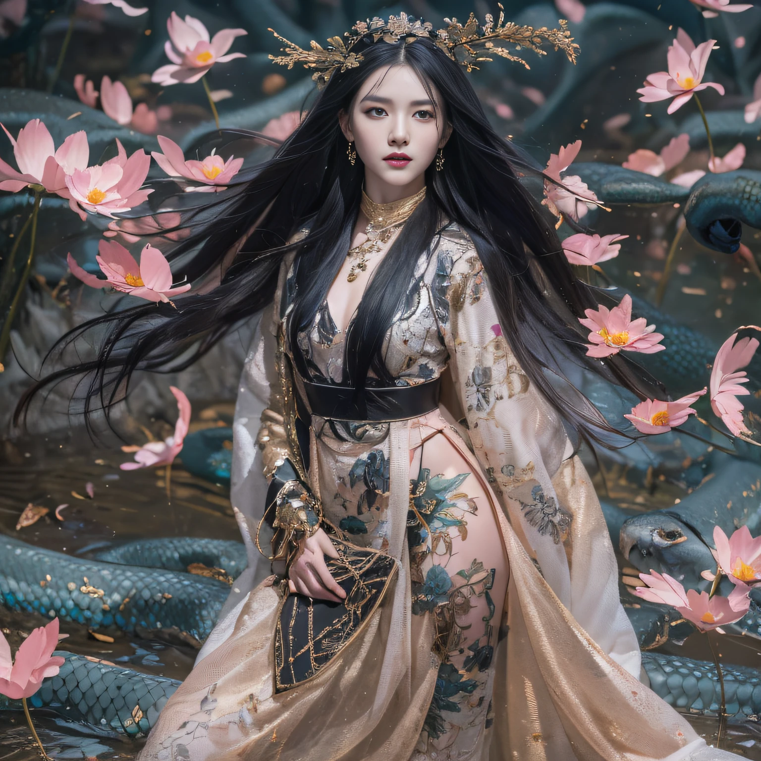 32K(tmasterpiece,k hd,hyper HD,32K)Long flowing black hair,ponds,zydink, a color, Xuzhou people (seductiv), (sulfur dioxide), Combat posture, looking at the ground, long whitr hair, Floating hair, Carp pattern headdress, Chinese long-sleeved tulle python robe, (Abstract gouache splash:1.2), Pink petal background,Golden lotus flowers flying(realisticlying:1.4),Black color hair,Fallen leaves flutter,The background is pure, A high resolution, the detail, RAW photogr, Sharp Re, Nikon D850 Film Stock Photo by Jefferies Lee 4 Kodak Portra 400 Camera F1.6 shots, Rich colors, ultra-realistic vivid textures, Dramatic lighting, Unreal Engine Art Station Trend, cinestir 800,Long flowing black hair,Long-sleeved tulle python robe