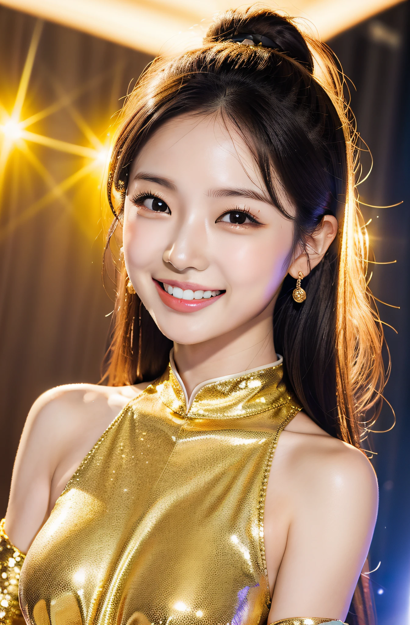 Creating a radiant image that captures the essence of idols, Eri Kamei from Morning Musume. She should be decorated with gold, A sparkling idol costume that reflects the brilliance of pure gold. The stage is a concert or live performance, A dazzling light illuminates her. Her appearance should be cute, With a real smile showing pearly white teeth. The image should be hyper-realistic, Capture every intricate detail, Must be in high resolution 16K format. The composition should be in vertical 9:16 Aspect Ratio, Ensure you stay focused on her. Color should emphasize golden and light shades, With a warm touch.
-ar 16:9 - V5.1 --Style raw --Q 2 --S 750