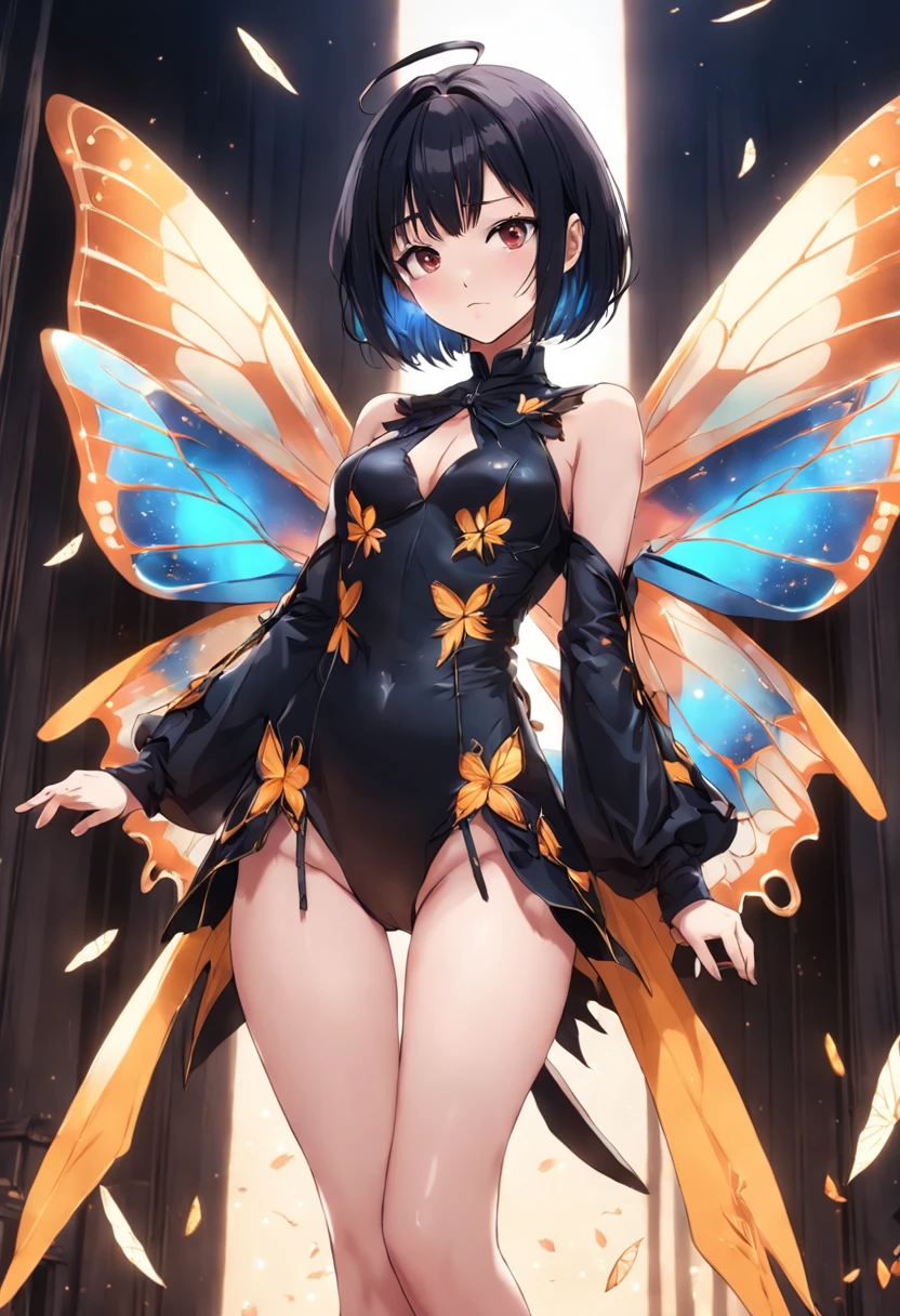 Cute beauty wearing a sexy costume with black hair bob cut with swallowtail butterfly wings attached to the back、Wearing heels