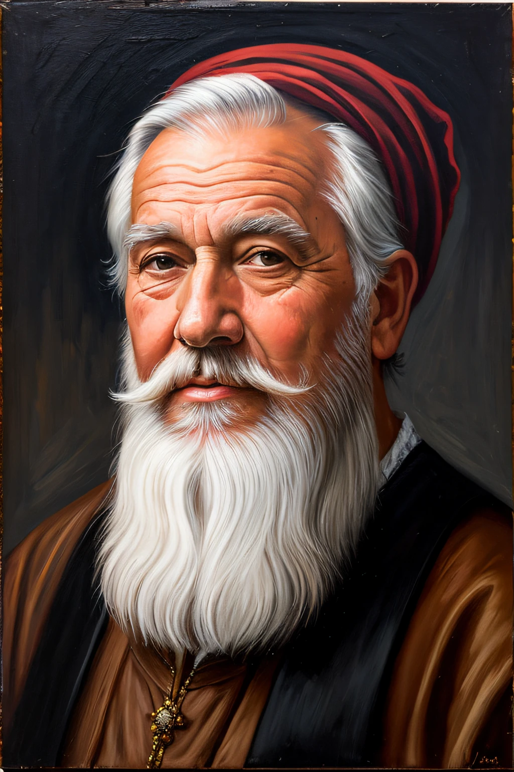 Portrait painting of a wise old man with long white beard, olhando para o lado esquerdo