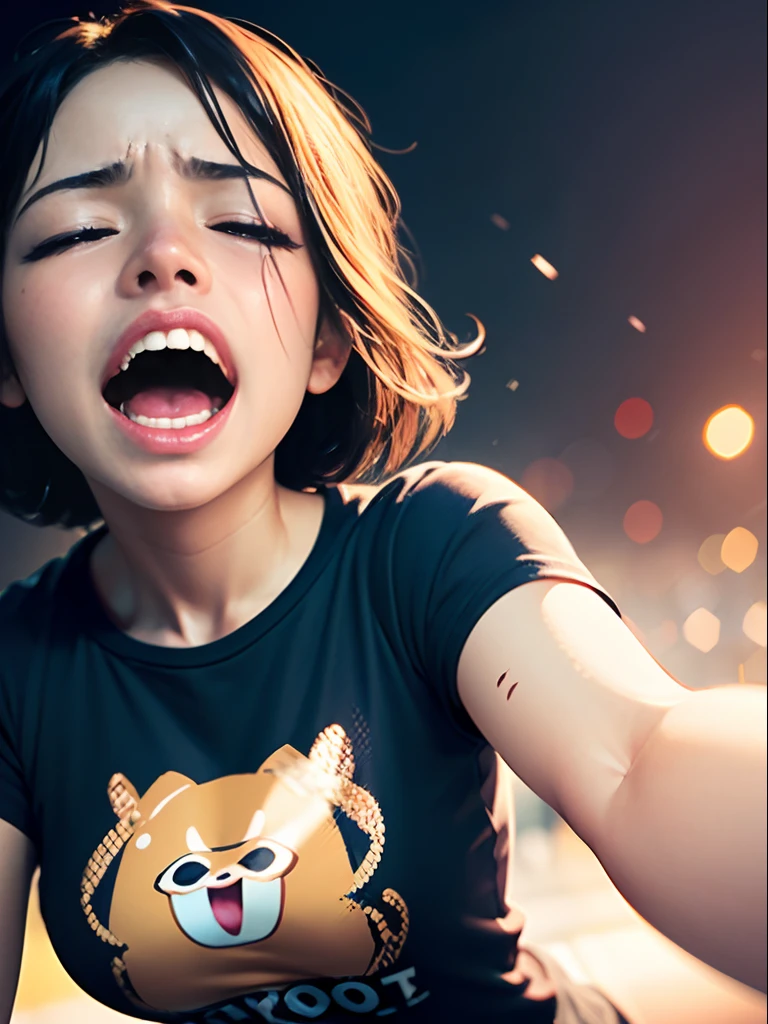 1girl in ( Screaming),Reaching the climax:1.0,Close eyes, short-cut、masutepiece、Bottoms are randomly generated、( Snake illustration printed shirt )Background bokeh:1.5