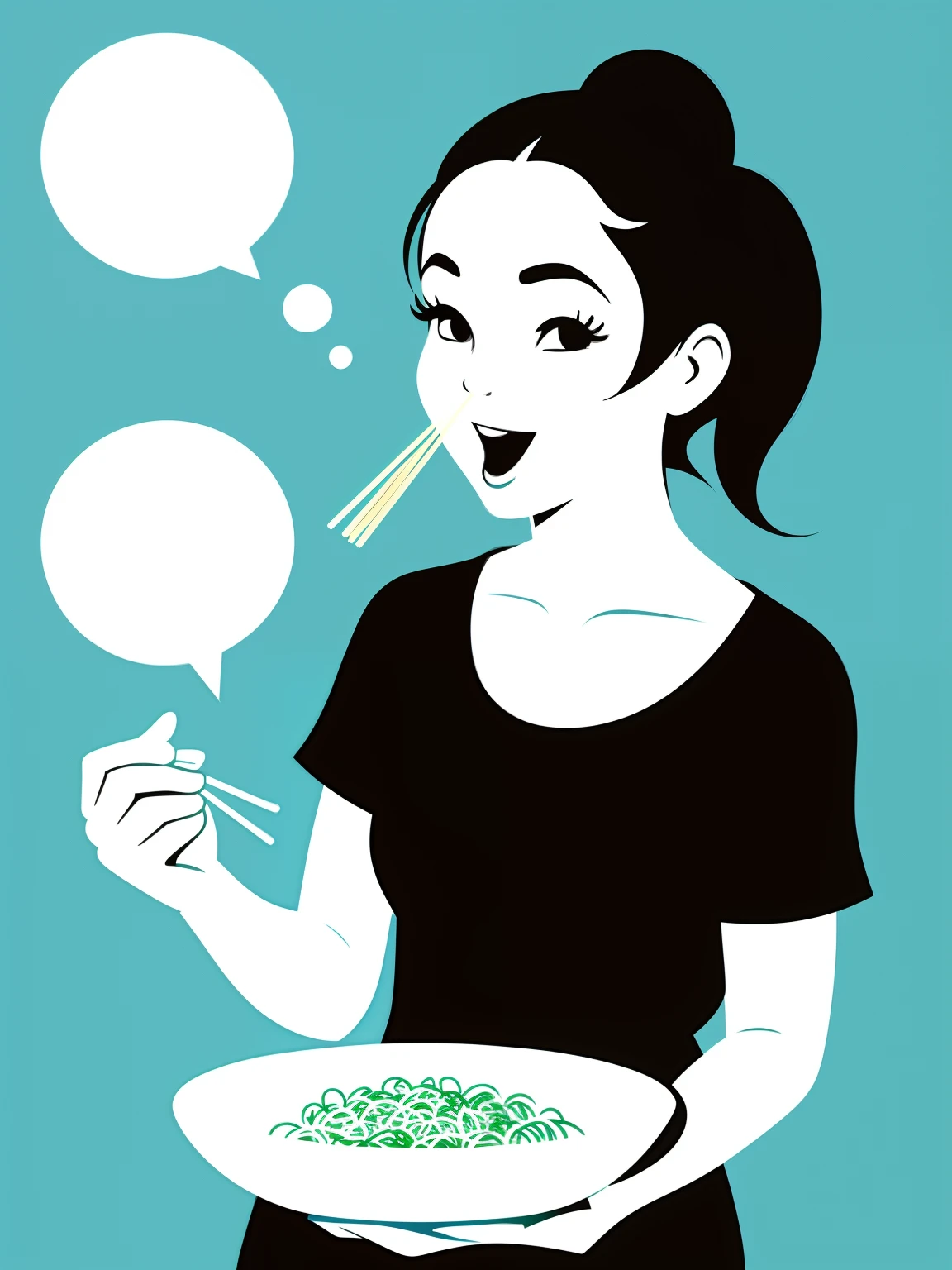 A cartoon of a woman with a double ponytail holding a bowl of noodles doing funny actions,toon rendering,harry volk clip art style