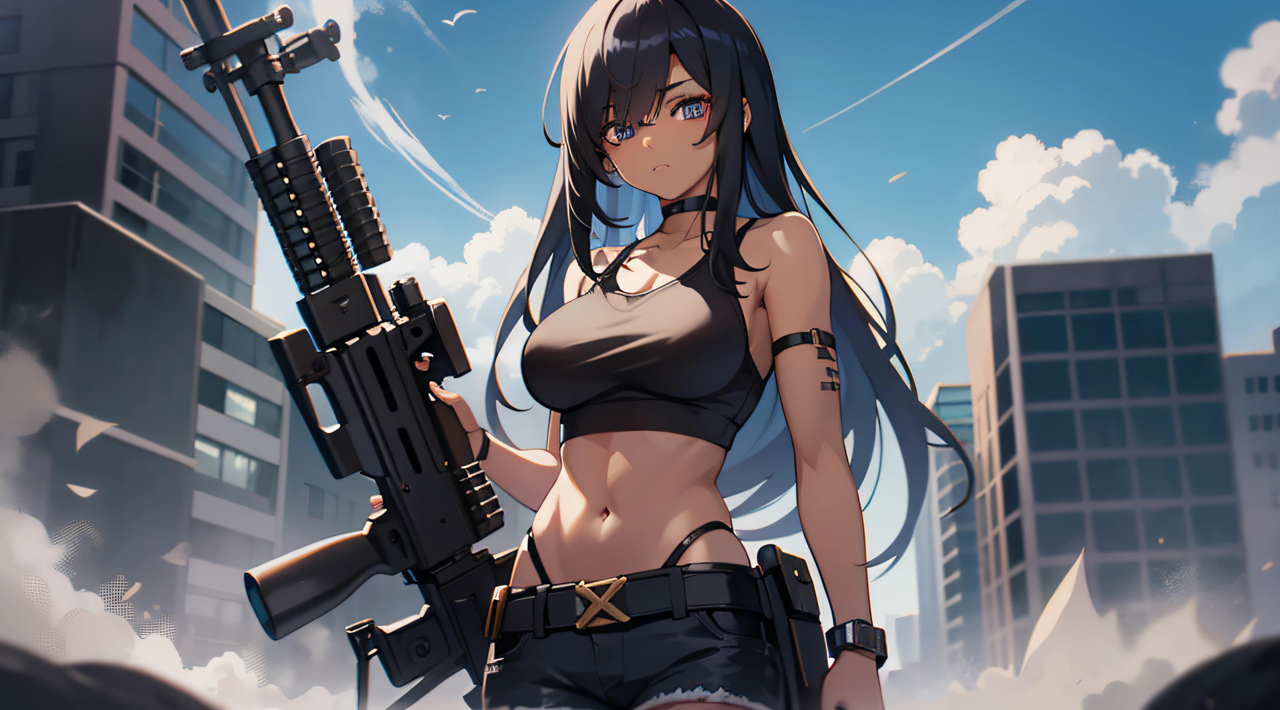 anime screen cap、darkskinned、Hair over one eye:1.5、asymmetrical bangs、Very long hair、A dark-haired、Tank Tops、shortpants、Long Sniper Rifle、Have a gun