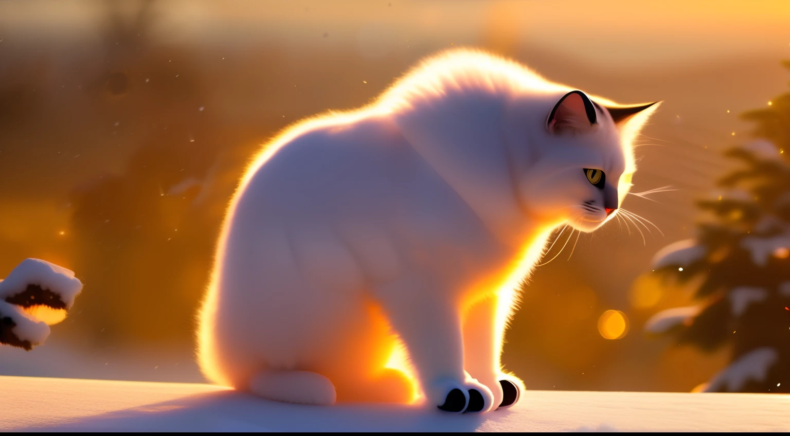 a big chunky cat in the snow, fluffy fur, golden hour, Catstravaganza